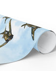 Vintage aviation wrapping paper with World War II fighter planes soaring in formation across a soft sky.