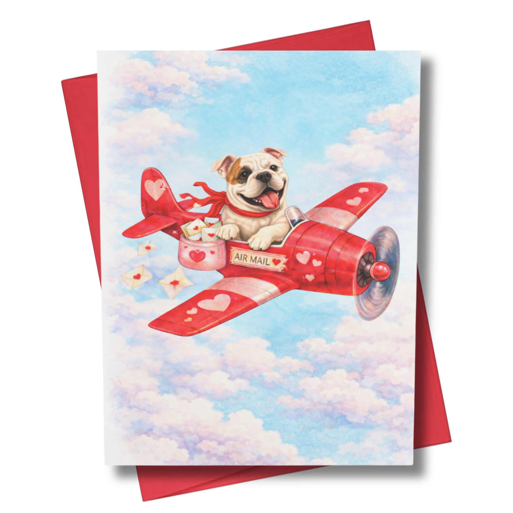 Card with an American Bully dog in a red airplane against a blue sky with clouds, featuring a red envelope.