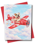 Card with an American Bully dog in a red airplane against a blue sky with clouds, featuring a red envelope.