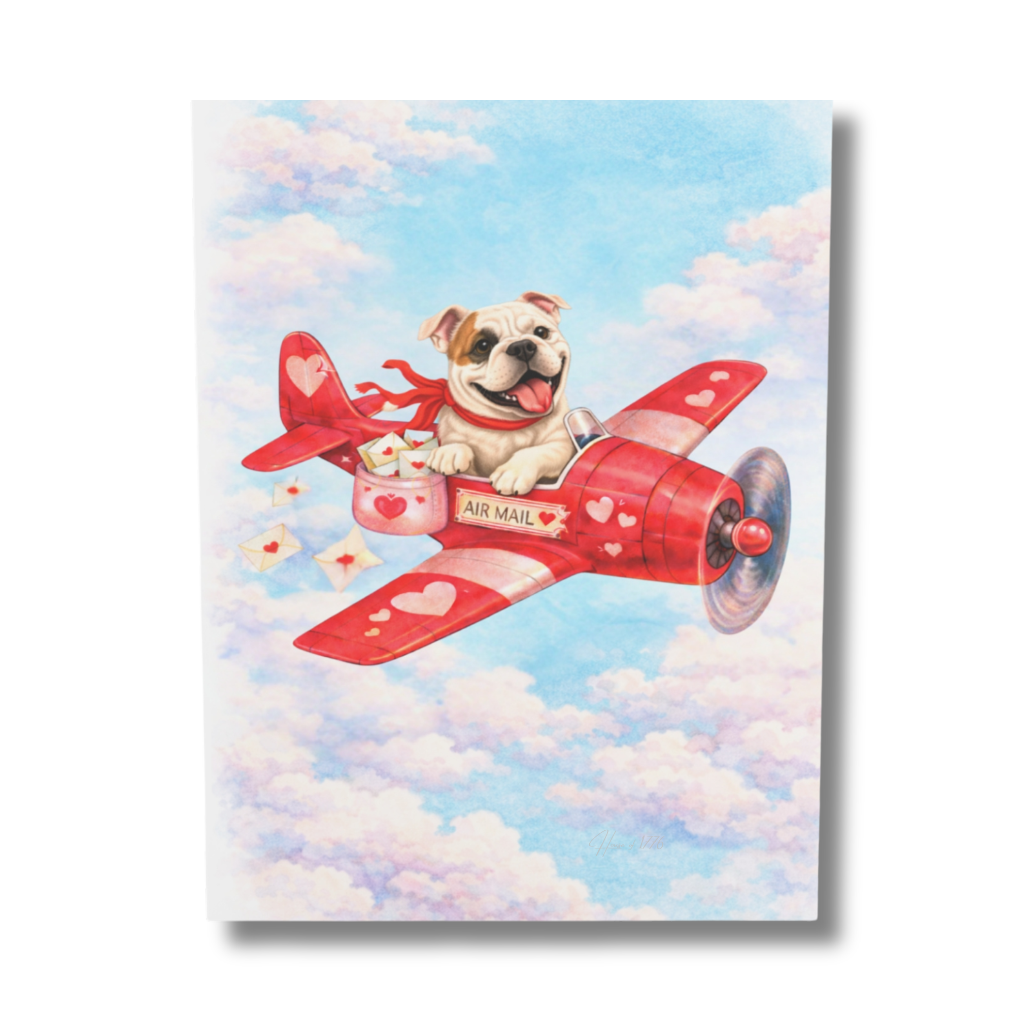 American Bulldog in a red airplane with hearts against a blue sky