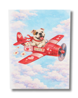 American Bulldog in a red airplane with hearts against a blue sky