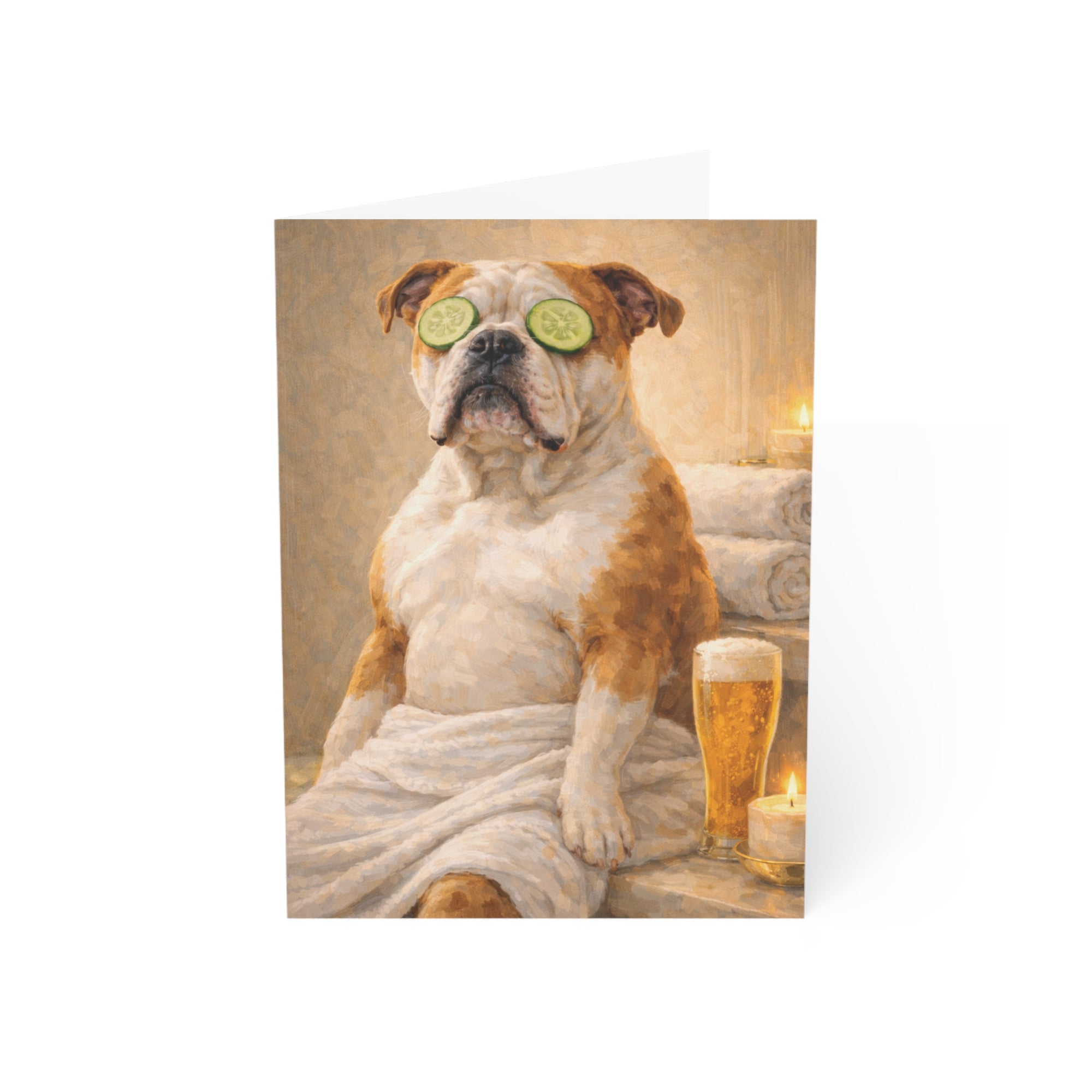 Funny card featuring an american bully with cucumbers on eyes, beer, and candle in a cozy setting