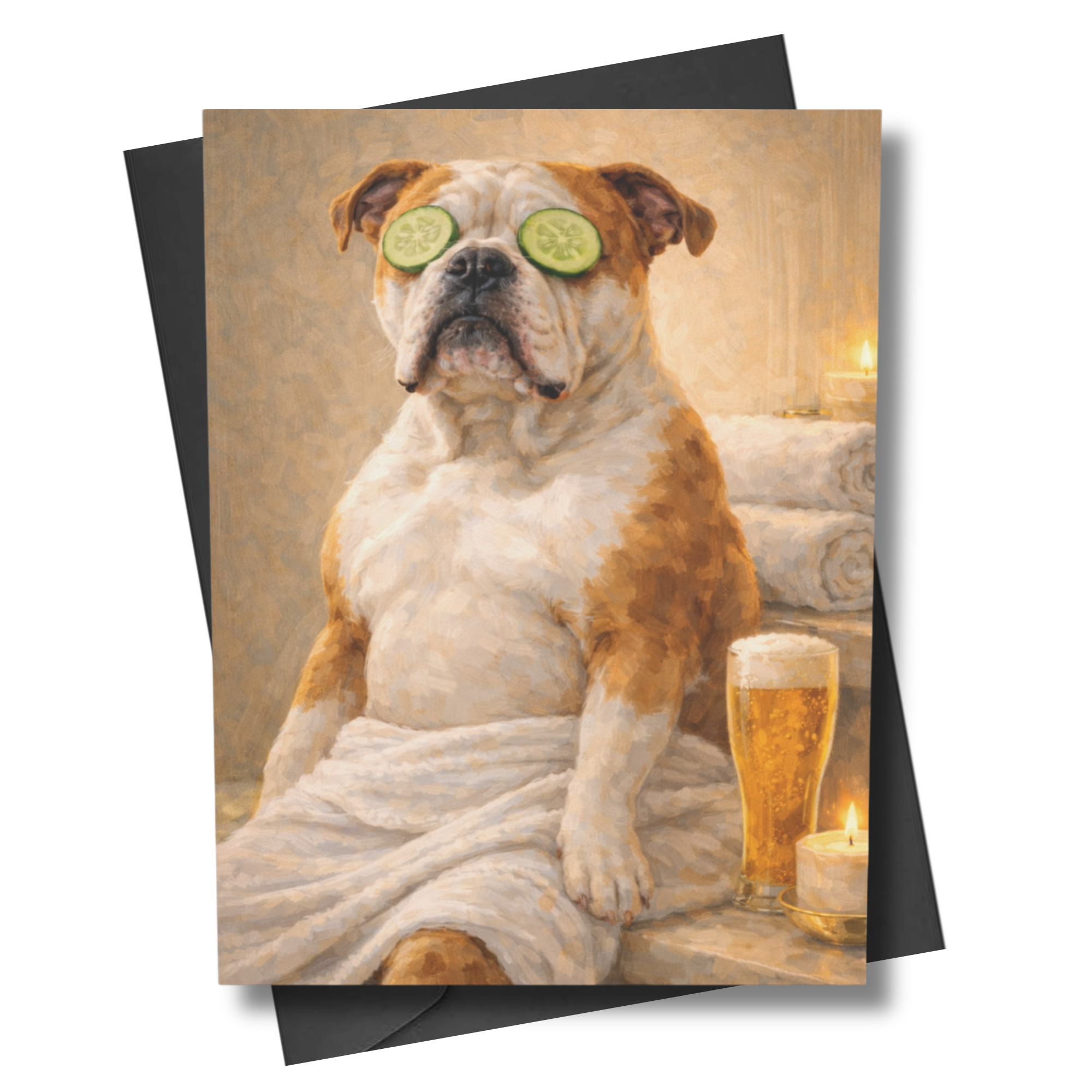 Greeting card with a bulldog in a robe holding a beer, with an envelope.