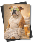 Greeting card with a bulldog in a robe holding a beer, with an envelope.
