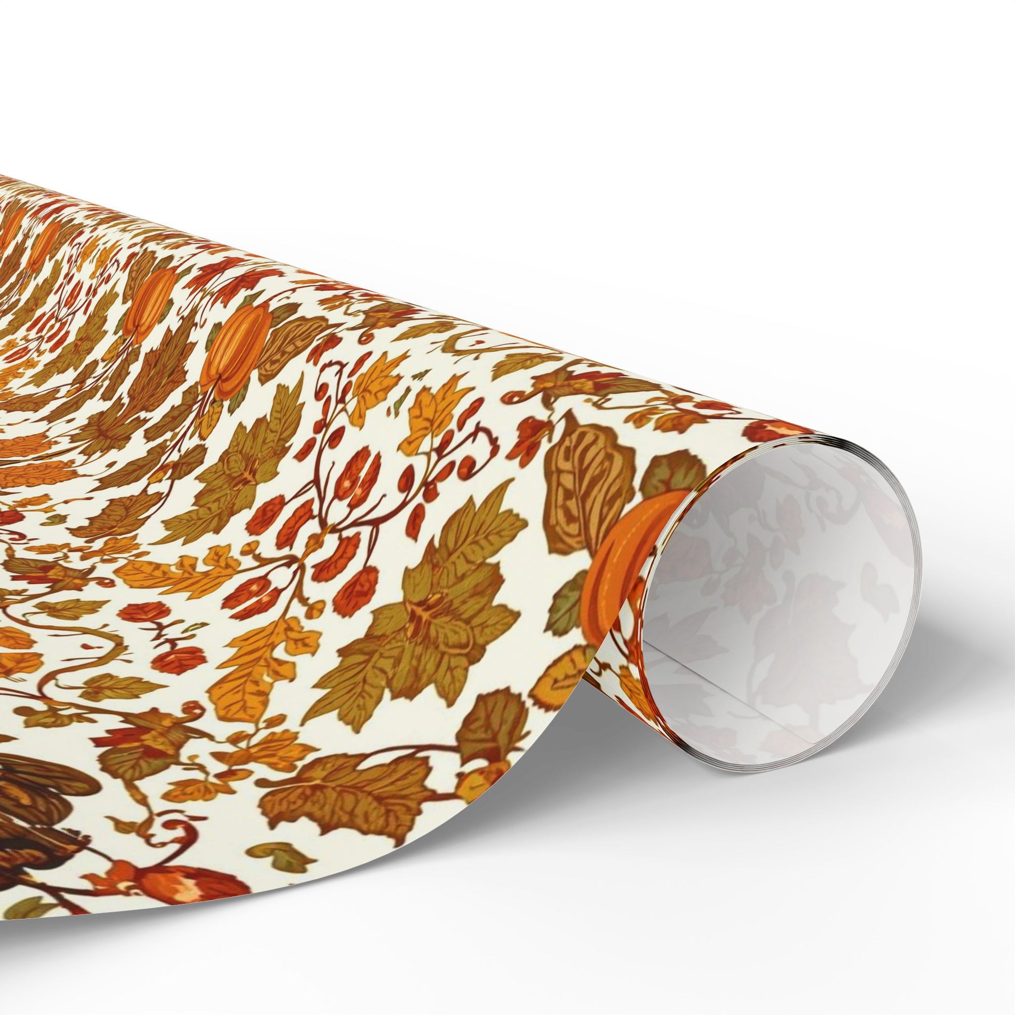 Ornate vintage-style wrapping paper with scrolling autumn leaves and floral pattern in gold, orange, and brown tones.