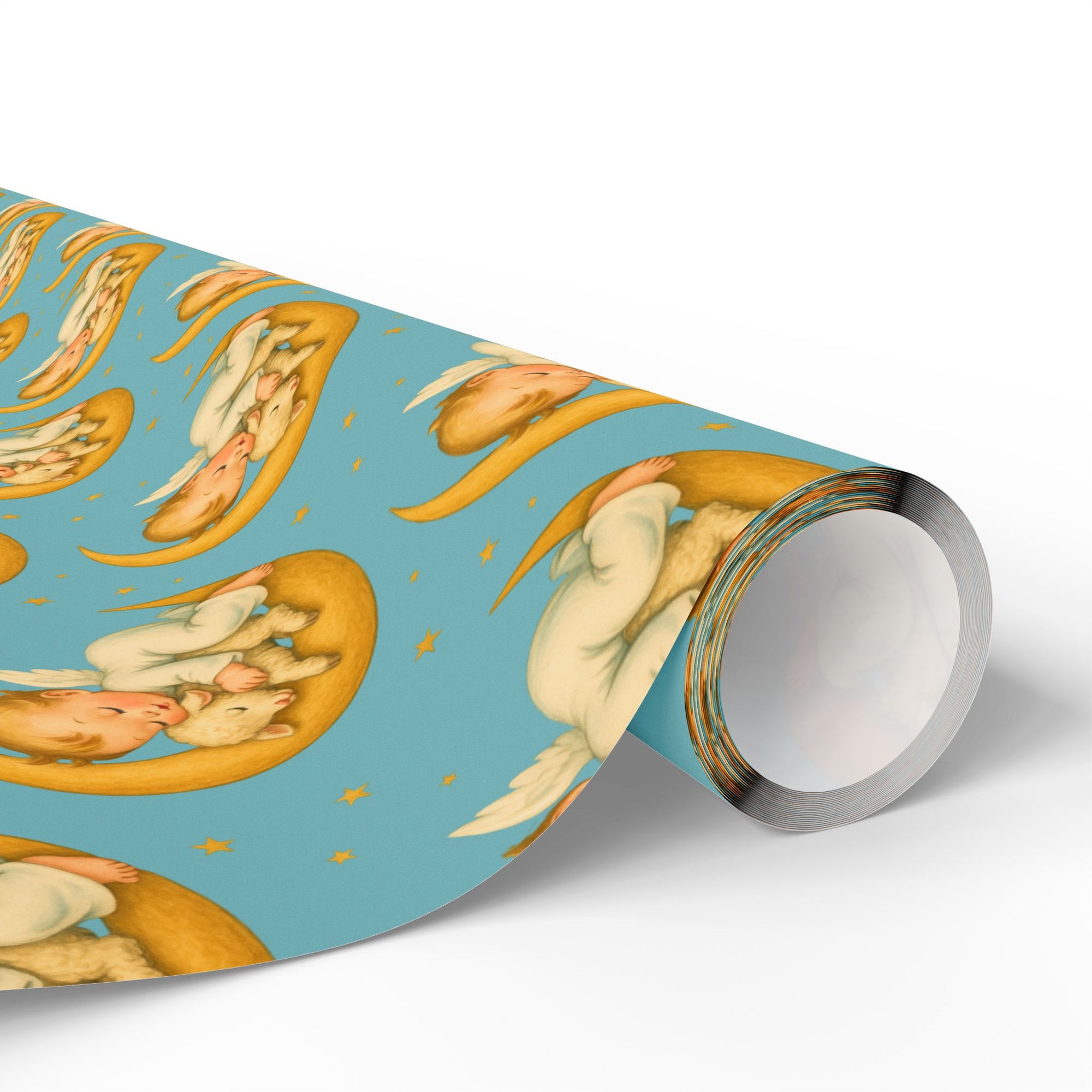 baby angel wrapping paper with cherub sleeping on moon hugging lamb under stars