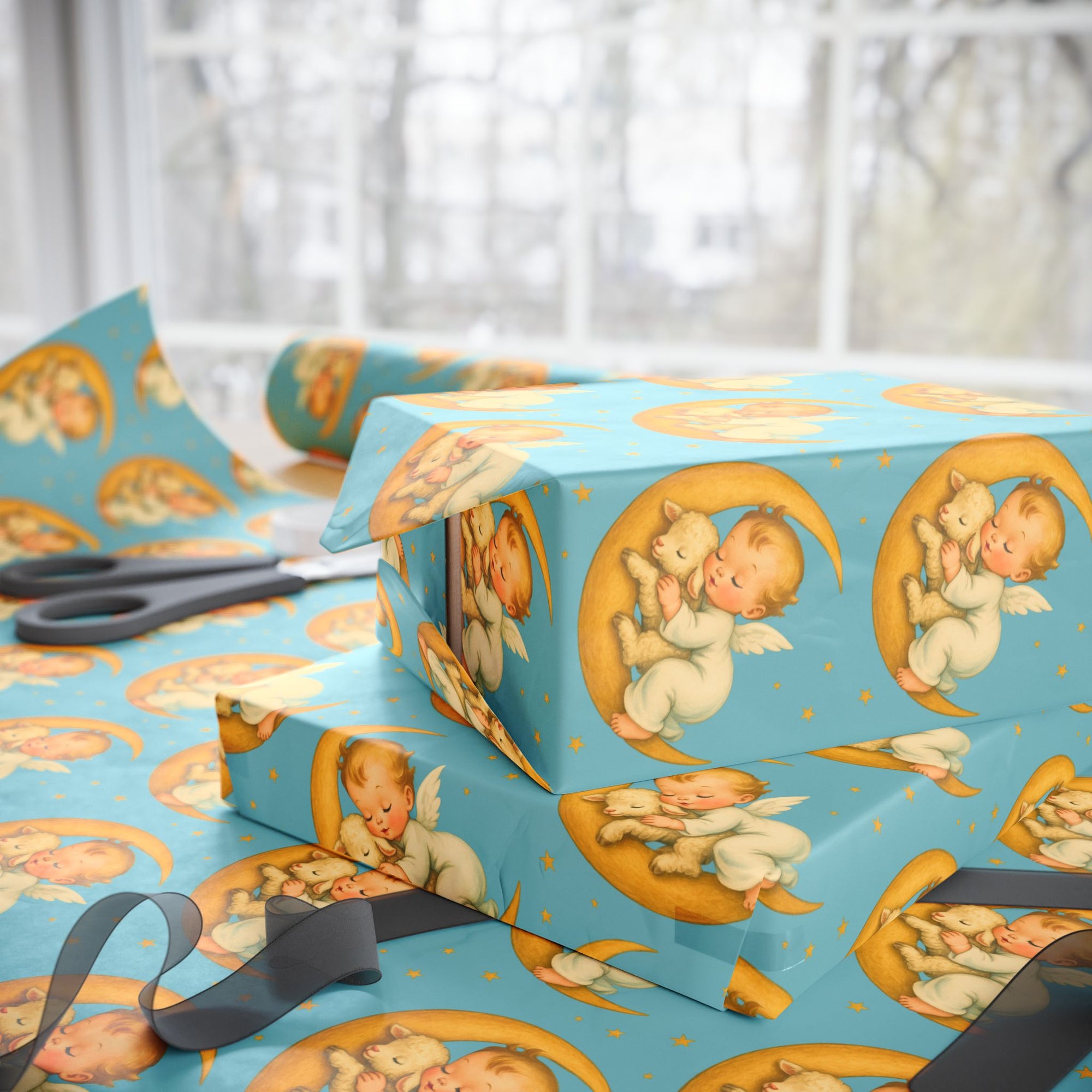 baby angel wrapping paper with cherub sleeping on moon hugging lamb under stars