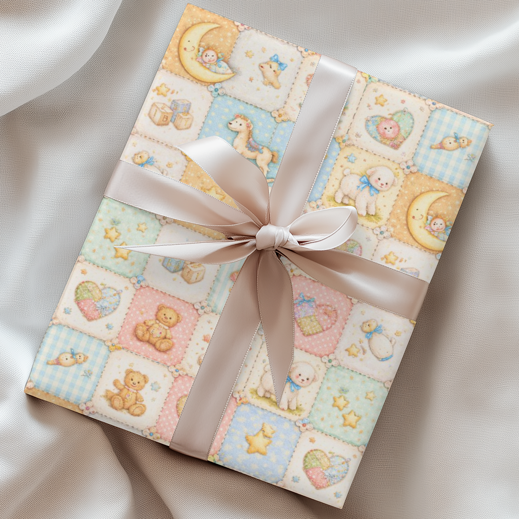 Baby quilt patchwork wrapping paper with teddy bears moons and nursery motifs wrapped gift with ribbon.