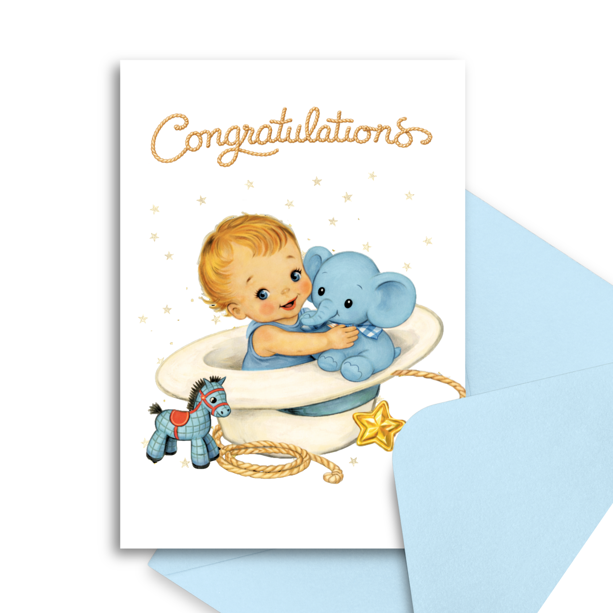 Baby shower card with illustration of a baby sitting in a cowboy hat, holding a blue elephant, surrounded by toys, on a white background.
