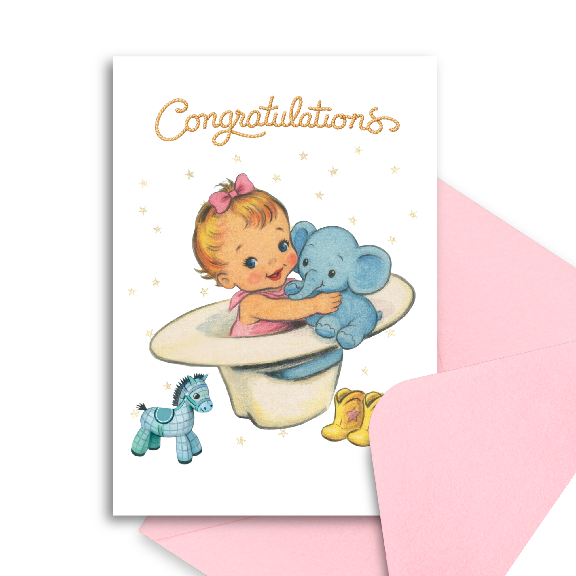 Baby shower card with illustration of a baby holding an elephant toy, surrounded by toys, on a white background.