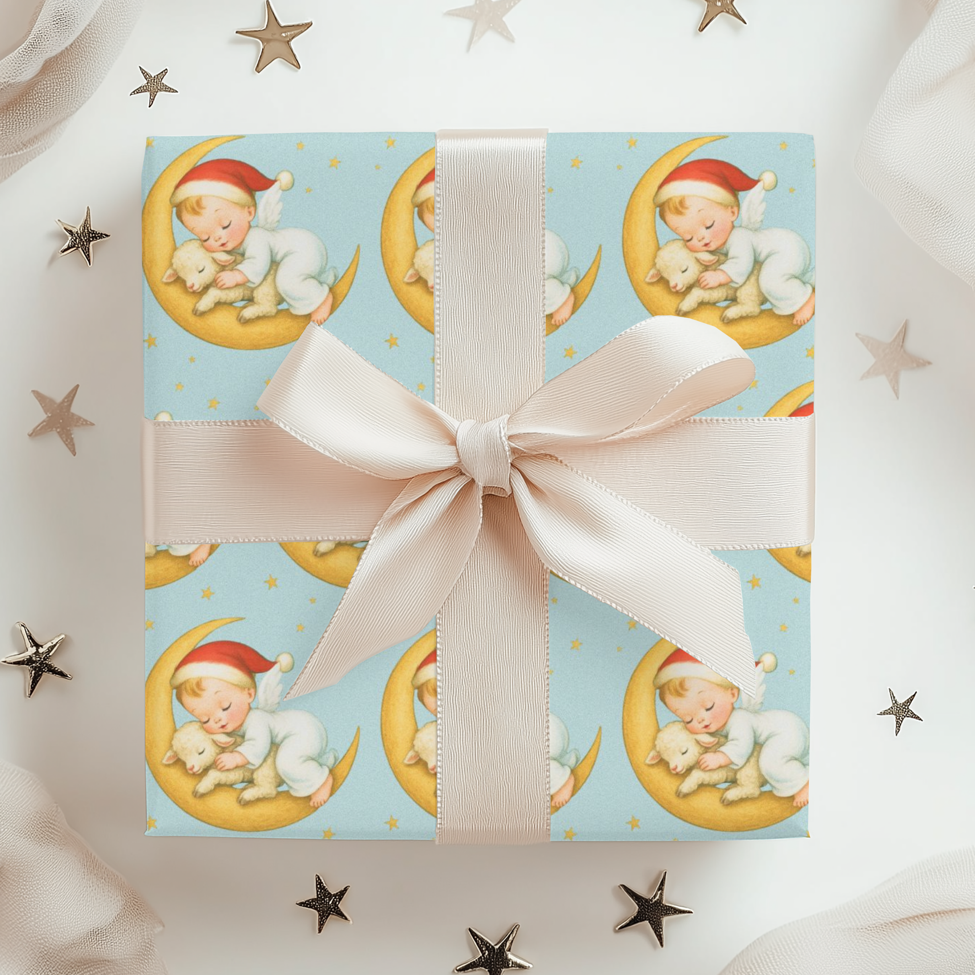 Vintage storybook baby Christmas gift wrap on aqua blue background