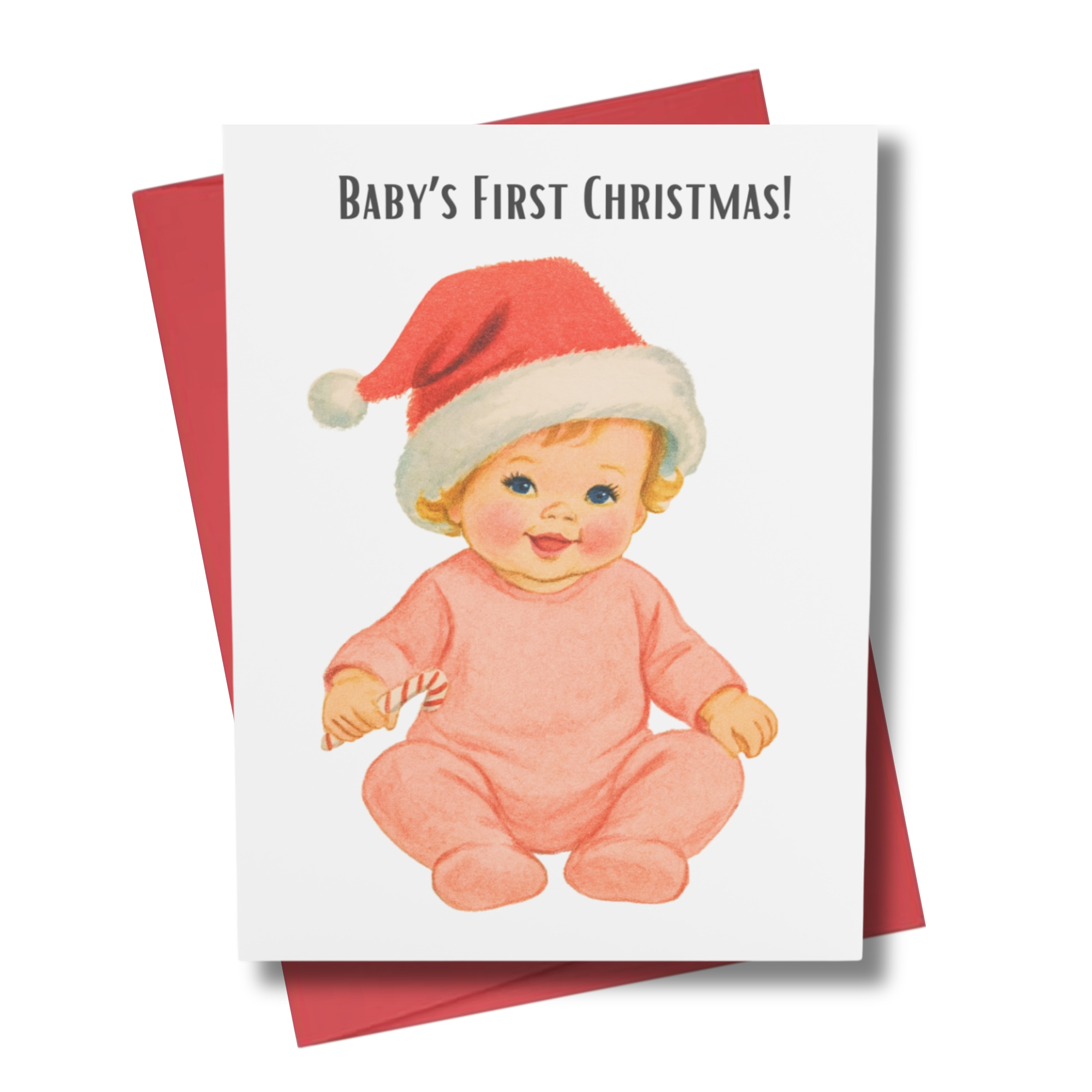 Vintage-Inspired Baby Girl First Christmas Greeting Card with Red Envelope