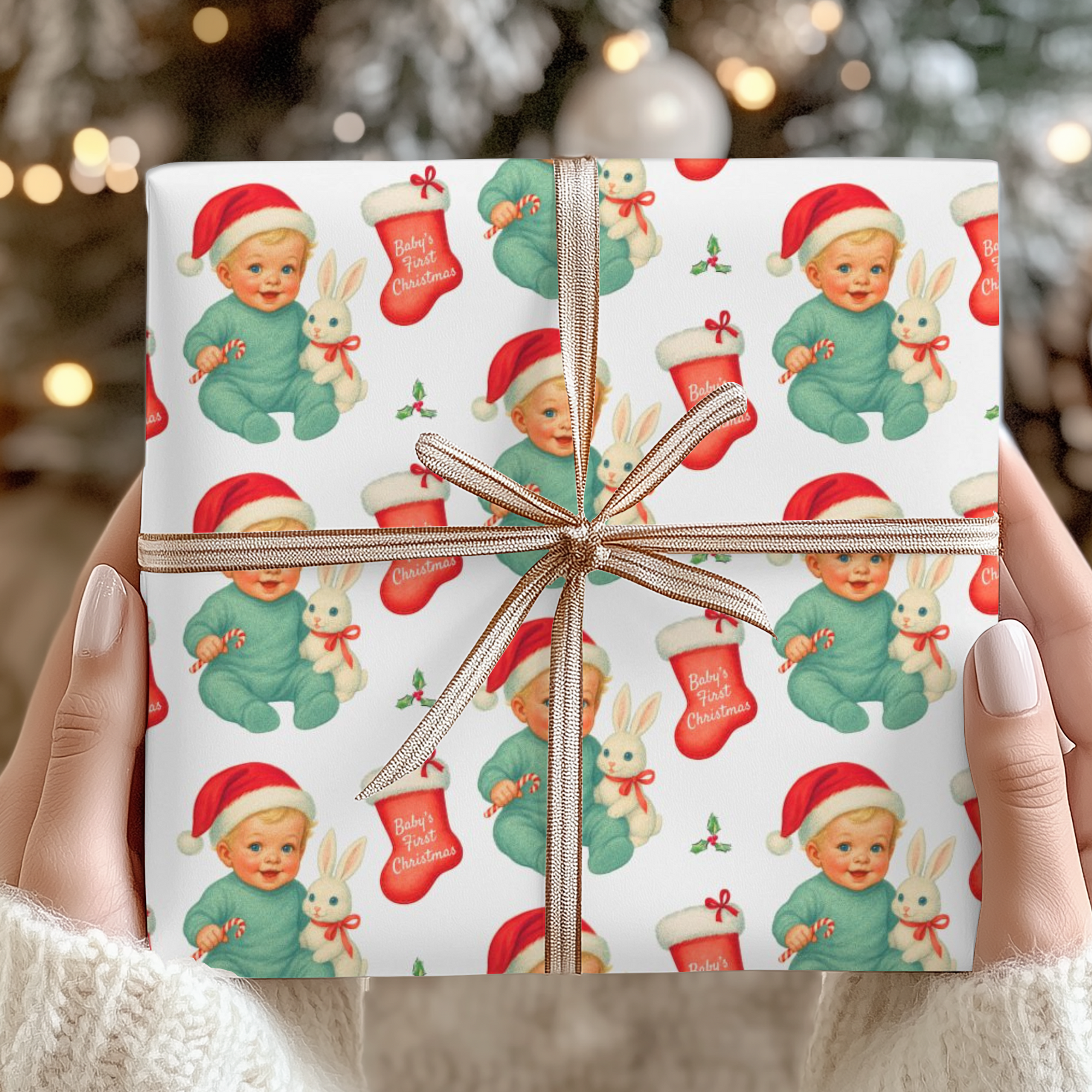 christmas packages wrapped in babys first christmas wrapping paper that includes a bunny and a little blonde boy with a santa hat.