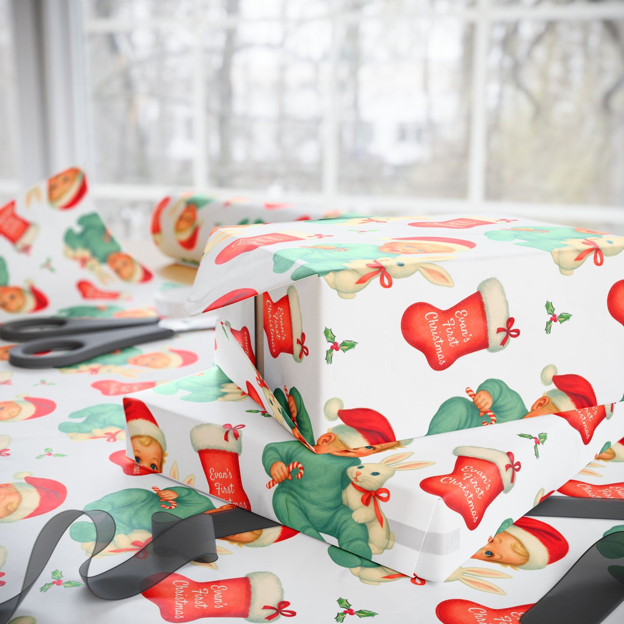 Baby’s First Christmas Wrapping Paper for blonde boy with Santa hat and bunny