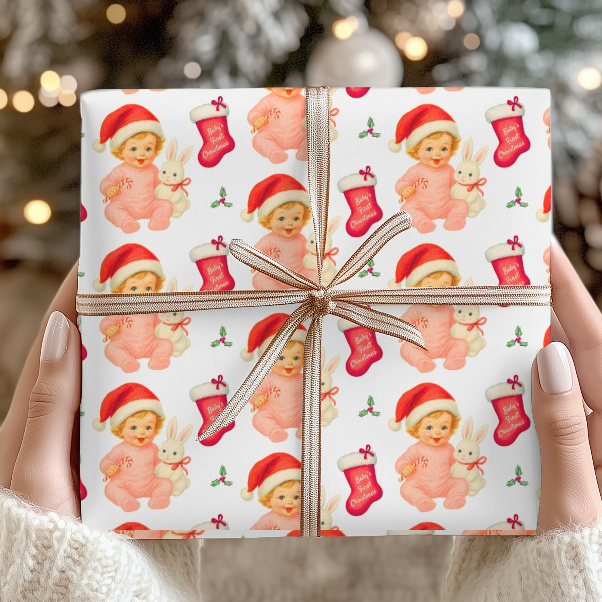 Blonde baby first Christmas wrapping paper with Santa hat and bunny
