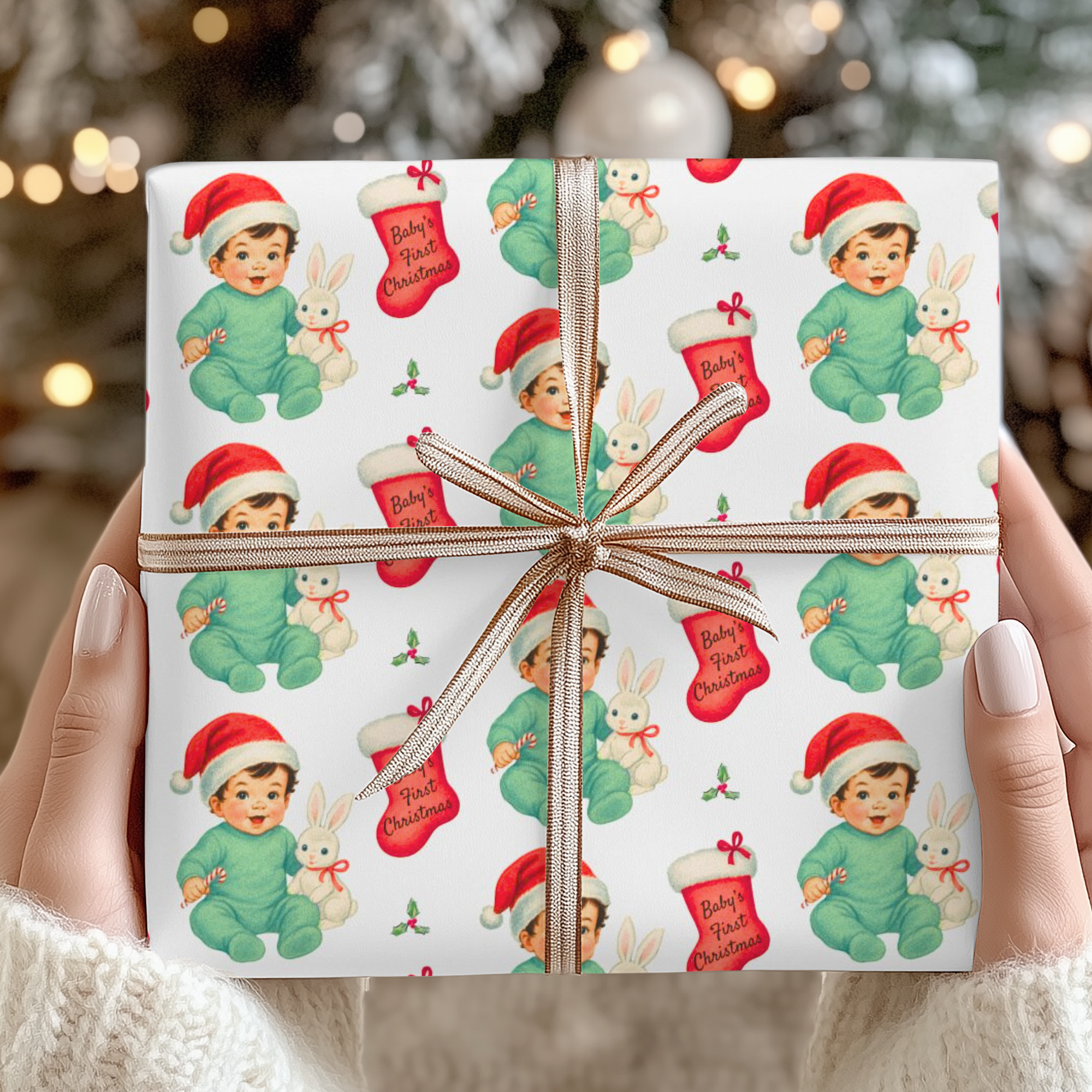 gifts wrapped in babys first christmas wrapping paper that has a sweet bunny and a little brunette baby boy in a santa cap.