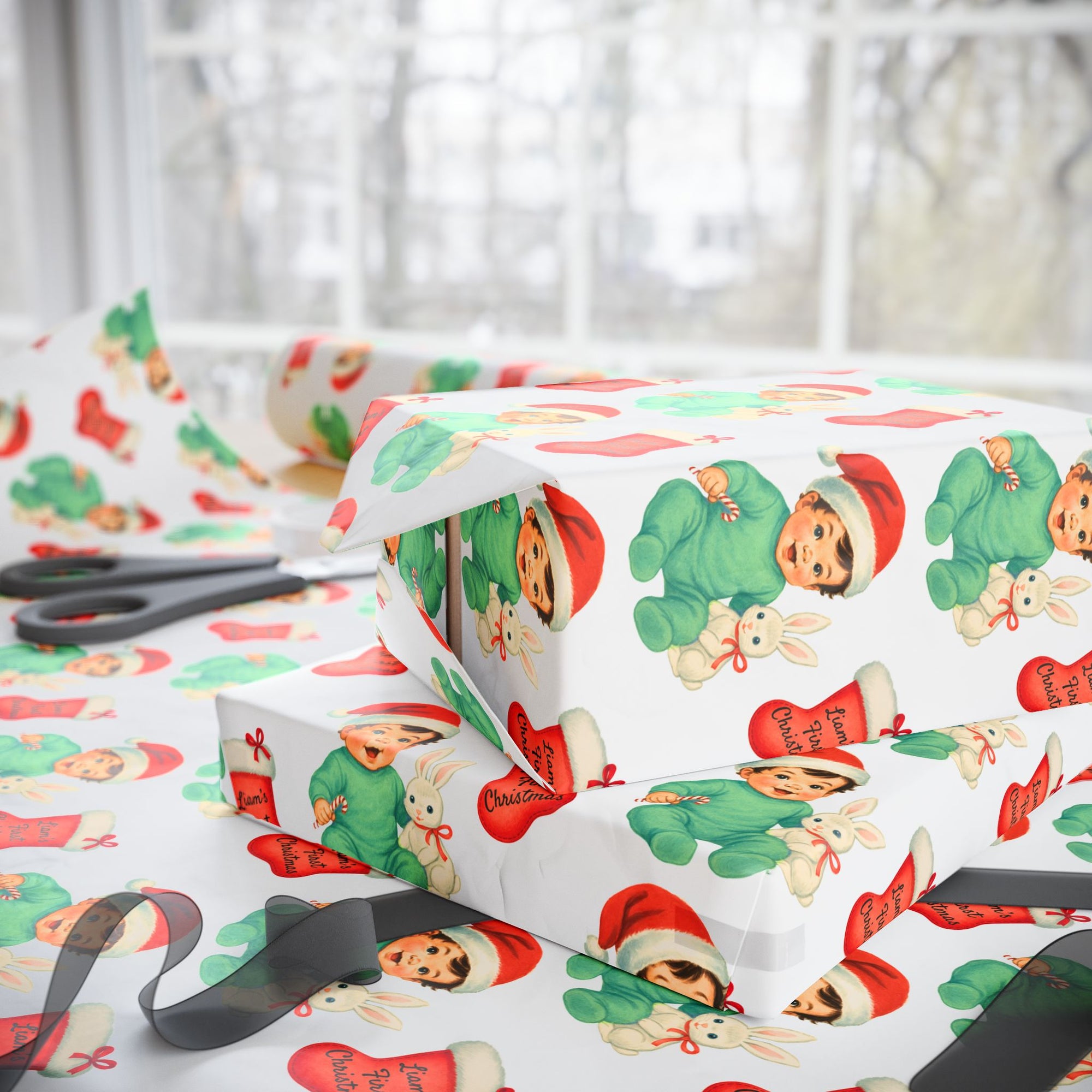 gifts wrapped in babys first christmas wrapping paper that has a sweet bunny and a little brunette baby boy in a santa cap.