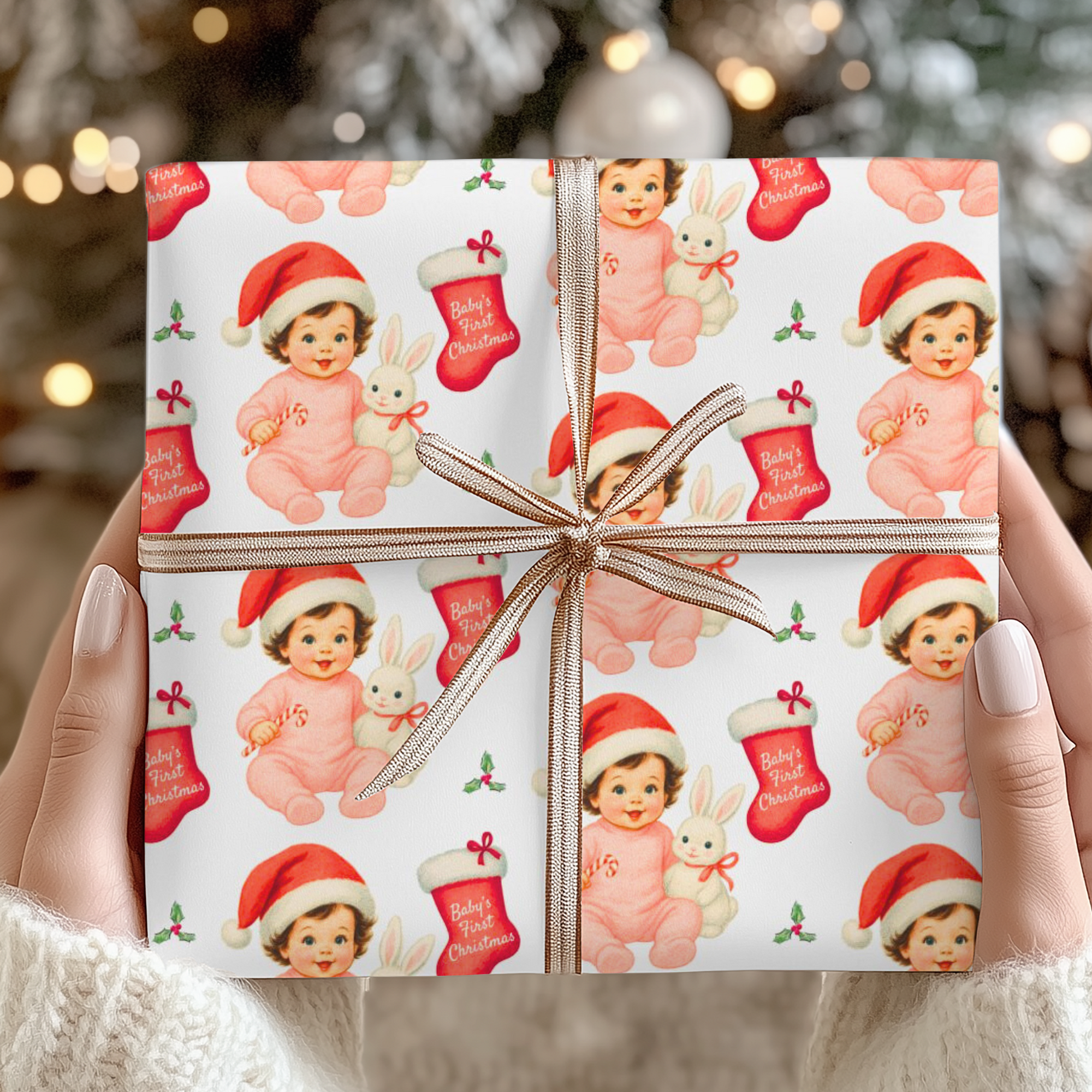 christmas gift wrapped in babys first christmas wrapping paper with a brunette baby with a little bunny.