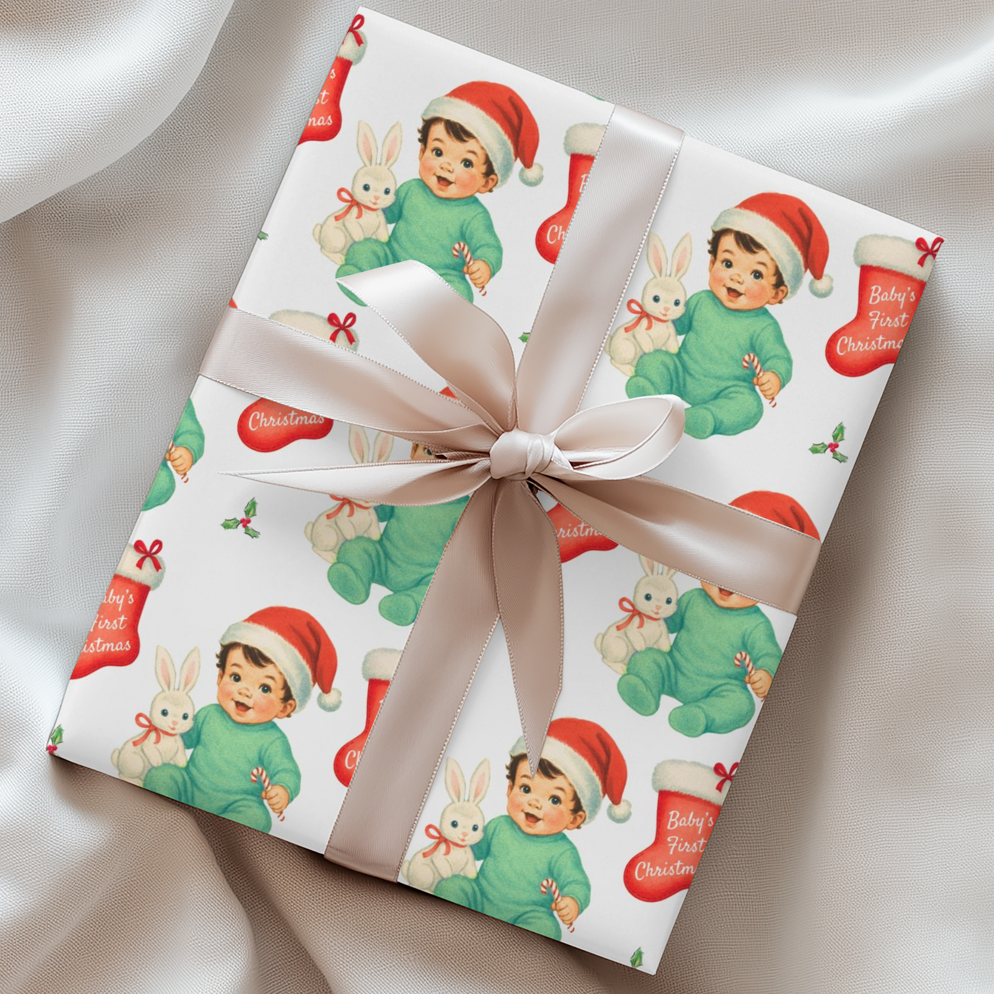 Vintage “Baby’s First Christmas” wrapping paper featuring a smiling baby in a mint green romper and Santa hat holding a white bunny plush, surrounded by red Christmas stockings and holly, retro storybook style.