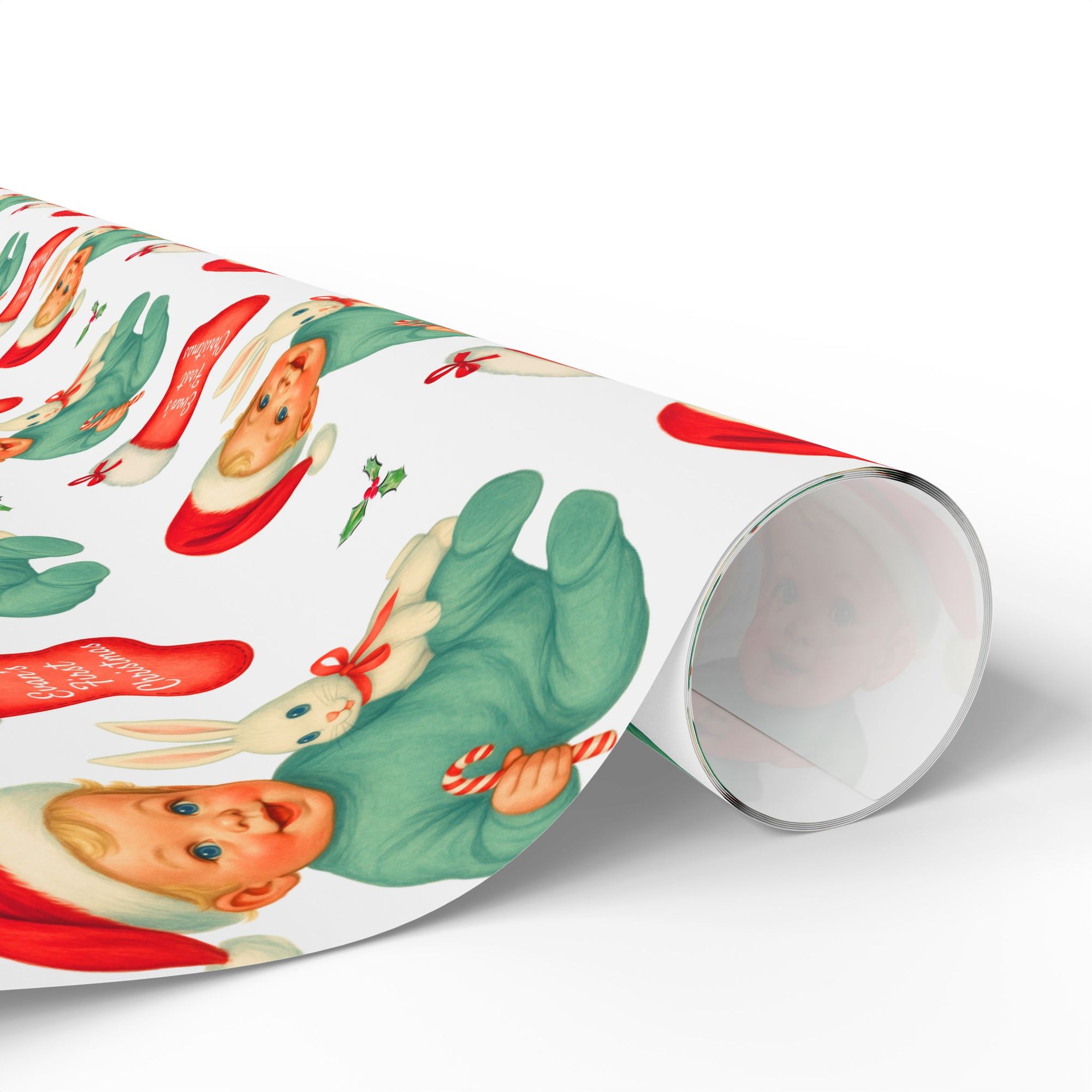 Baby’s First Christmas Wrapping Paper for blonde boy with Santa hat and bunny