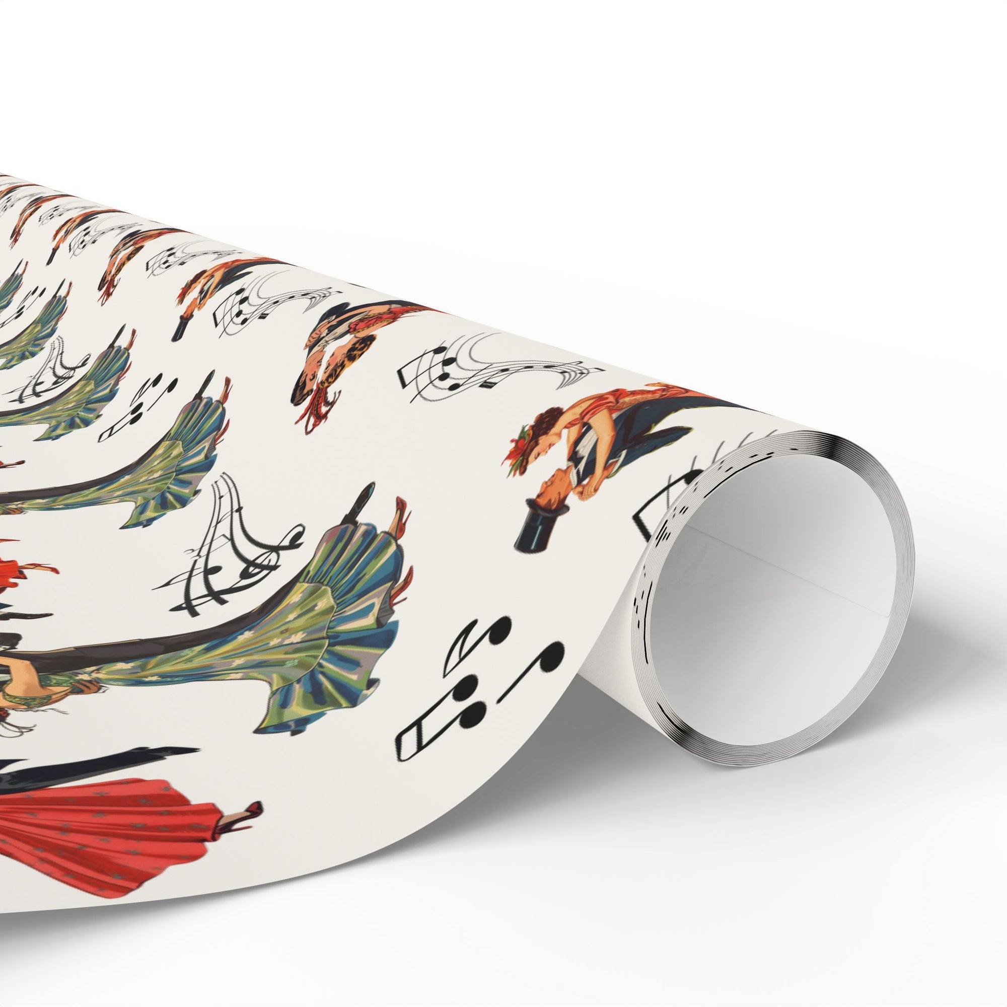 Roll of wrapping paper featuring couples dancing and musical notes on a light background.