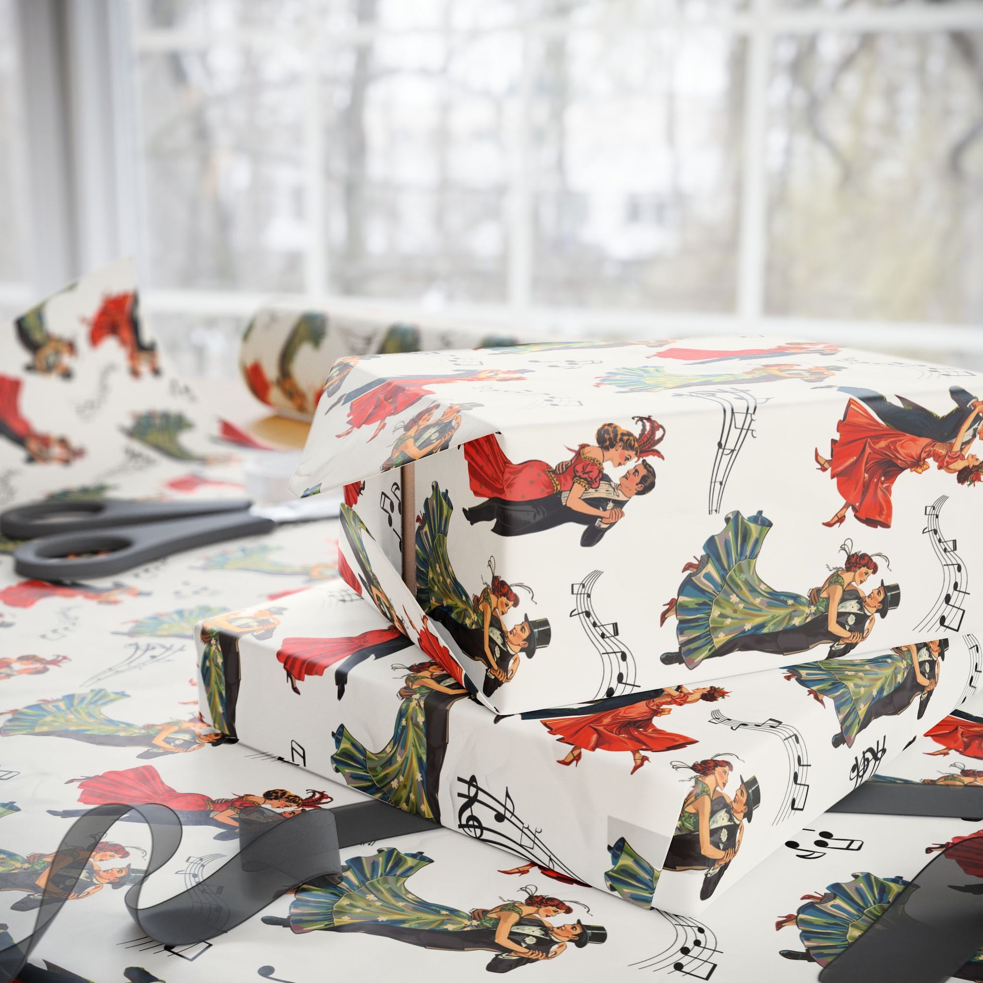 Gift box wrapped in colorful vintage-style wrapping paper featuring couples in formal attire gracefully dancing.