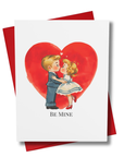 Valentine's Day card with illustration of a couple and 'Be Mine' text, featuring a red heart background.