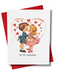 Valentine's Day card with illustration of a boy and girl kissing, surrounded by hearts, on a white background with a red envelope.