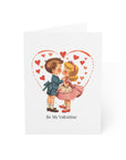 Valentine's Day card with a vintage-style illustration of a boy and girl kissing, surrounded by hearts, on a white background.