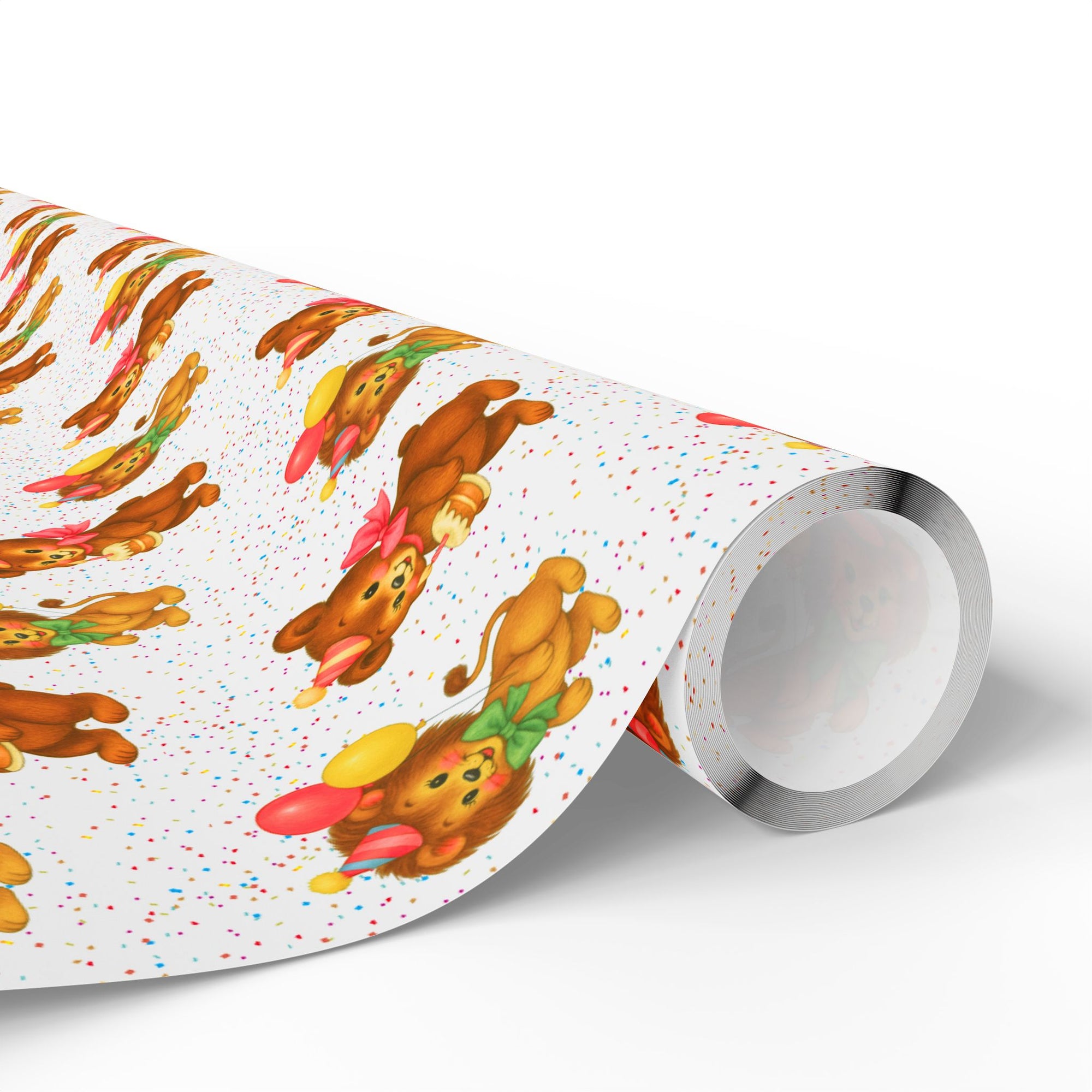 birthday wrapping paper roll in a retro theme featuring a bear and lion with balloons on a white background