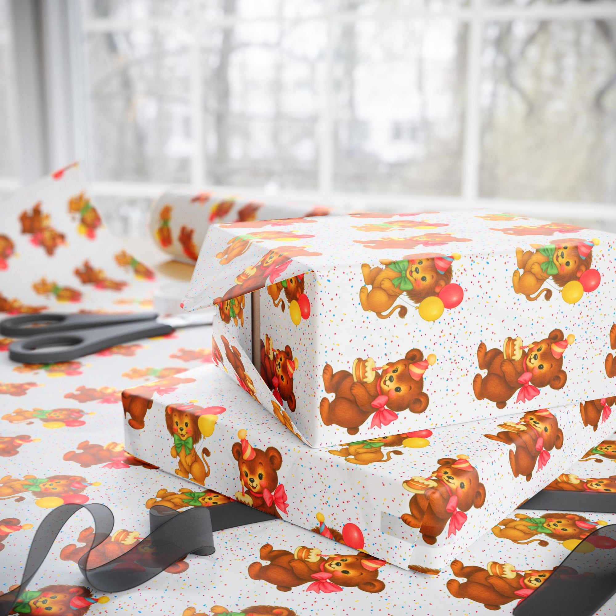 birthday wrapping paper in a retro theme featuring a bear and lion with balloons on a white background