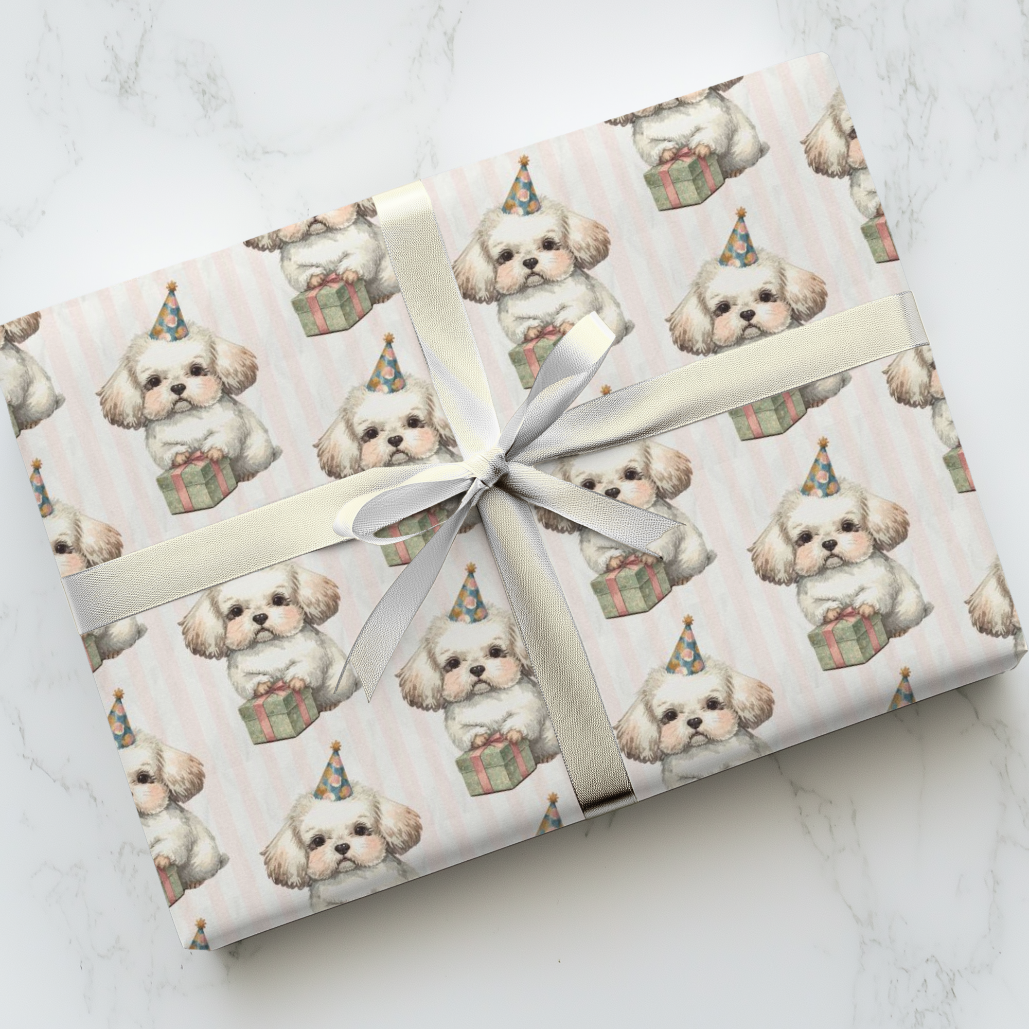 Gift wrapped in wrapping paper with bichon puppy illustrations