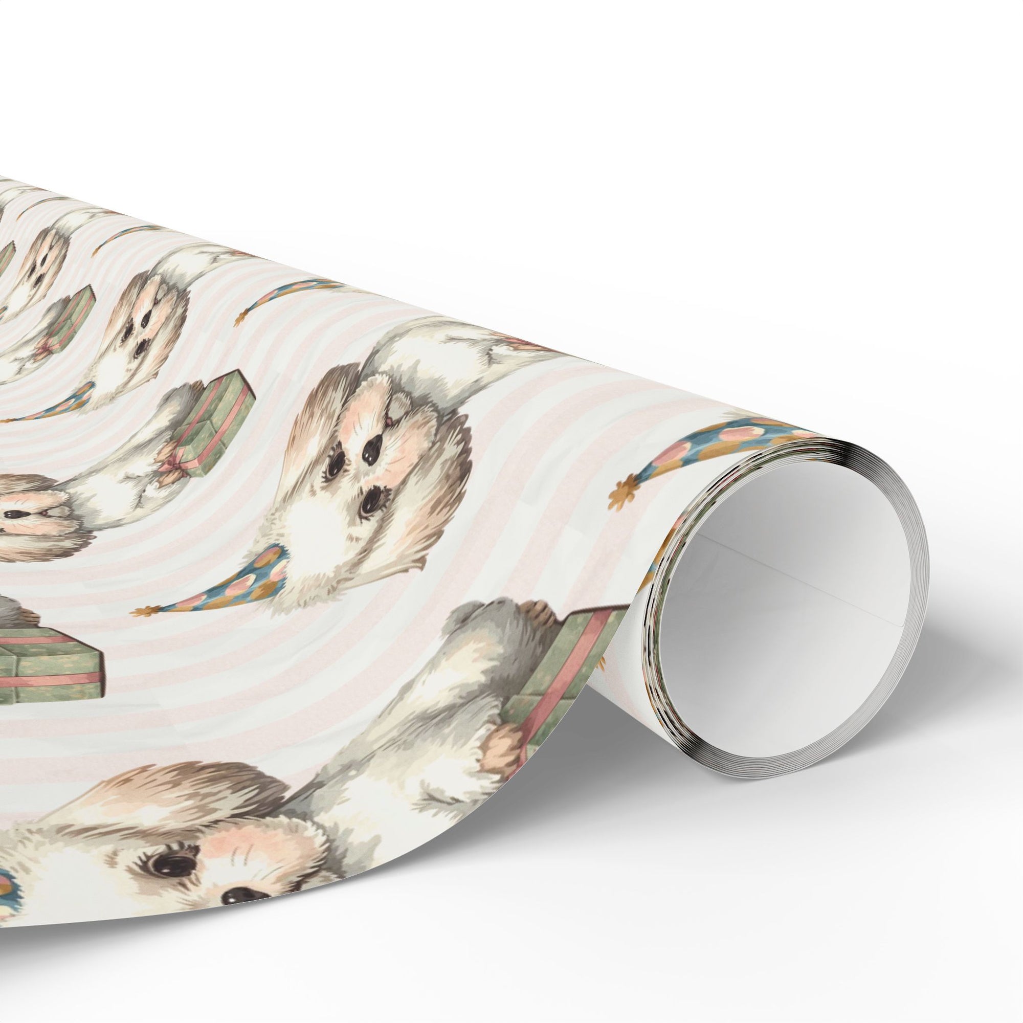 Roll of wrapping paper with puppy illustrations on a pastel background