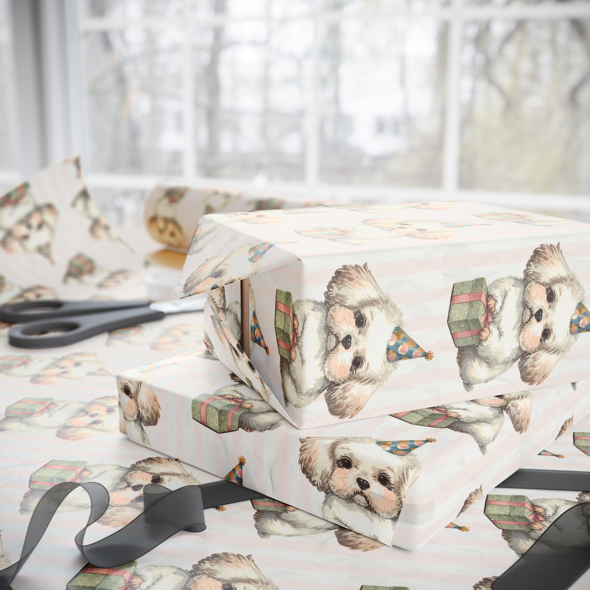 Present wrapped in puppy-themed wrapping paper in soft pastels