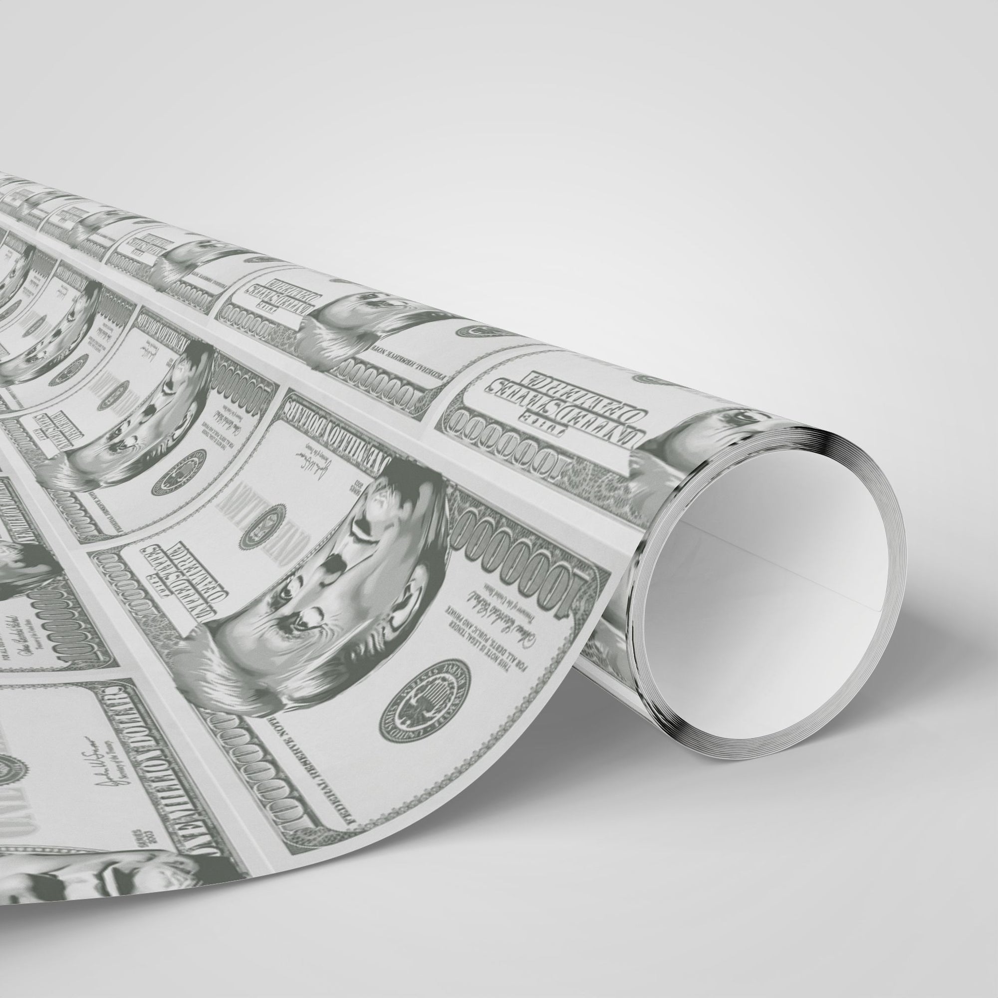 Million dollar bill themed political wrapping paper featuring a high-roller Billionaire POTUS design Roll