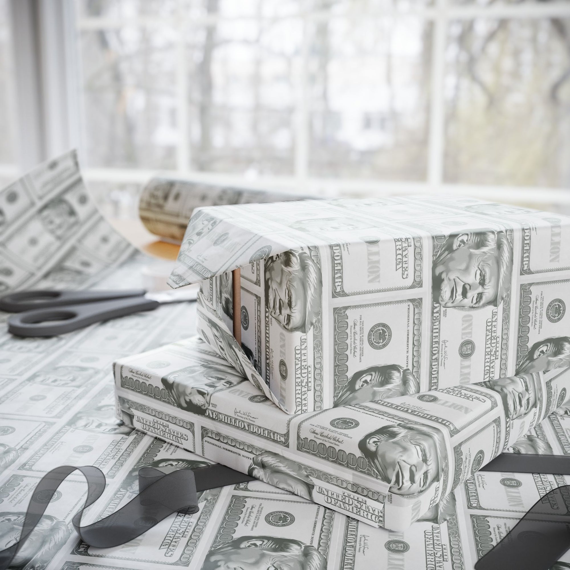 Million dollar bill themed political wrapping paper roll featuring POTUS  gift wrap side