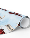 Wrapping paper featuring a classic red vintage biplane towing a cream-colored banner that reads “Happy Birthday”