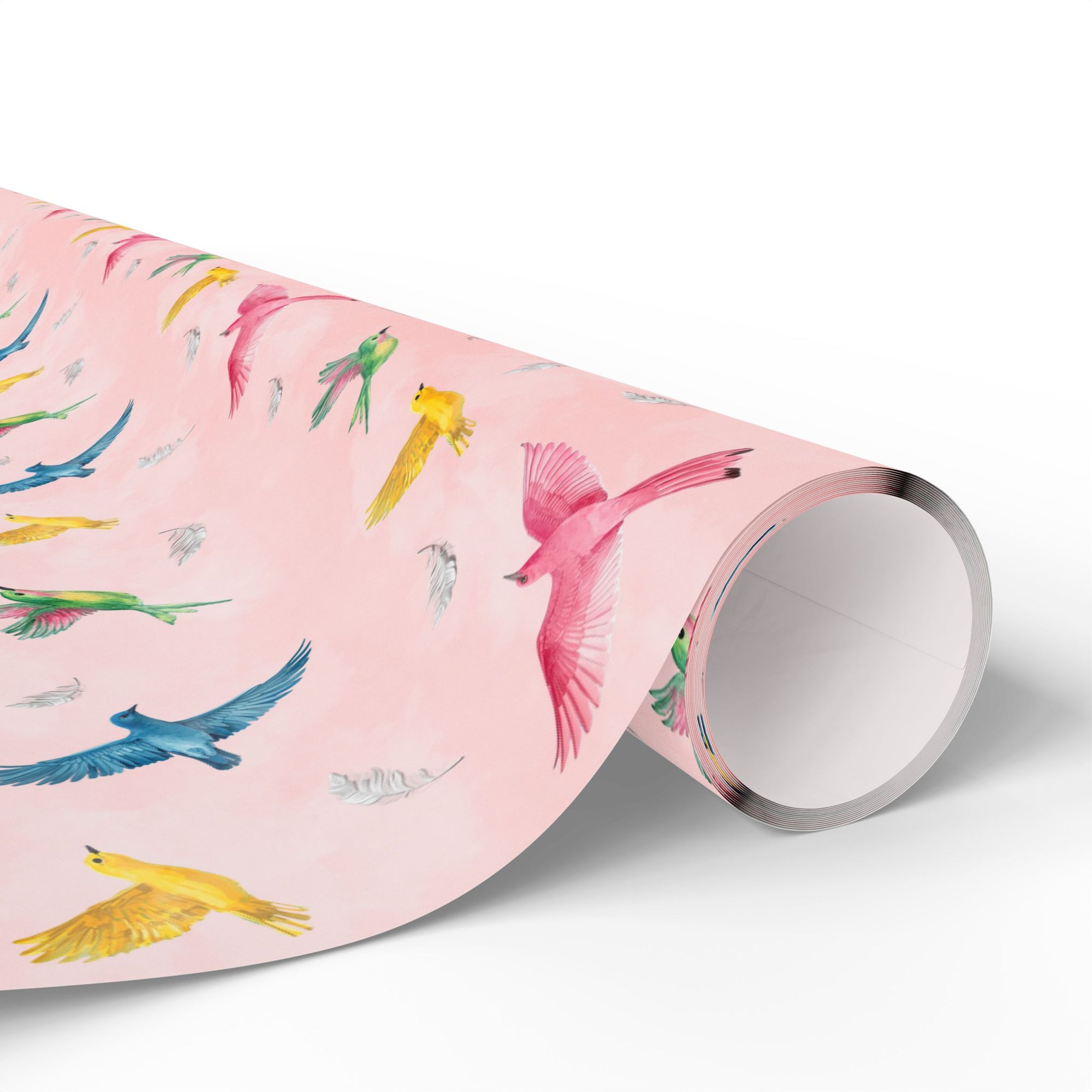 Roll of pink paper with colorful bird illustrations on a white background.