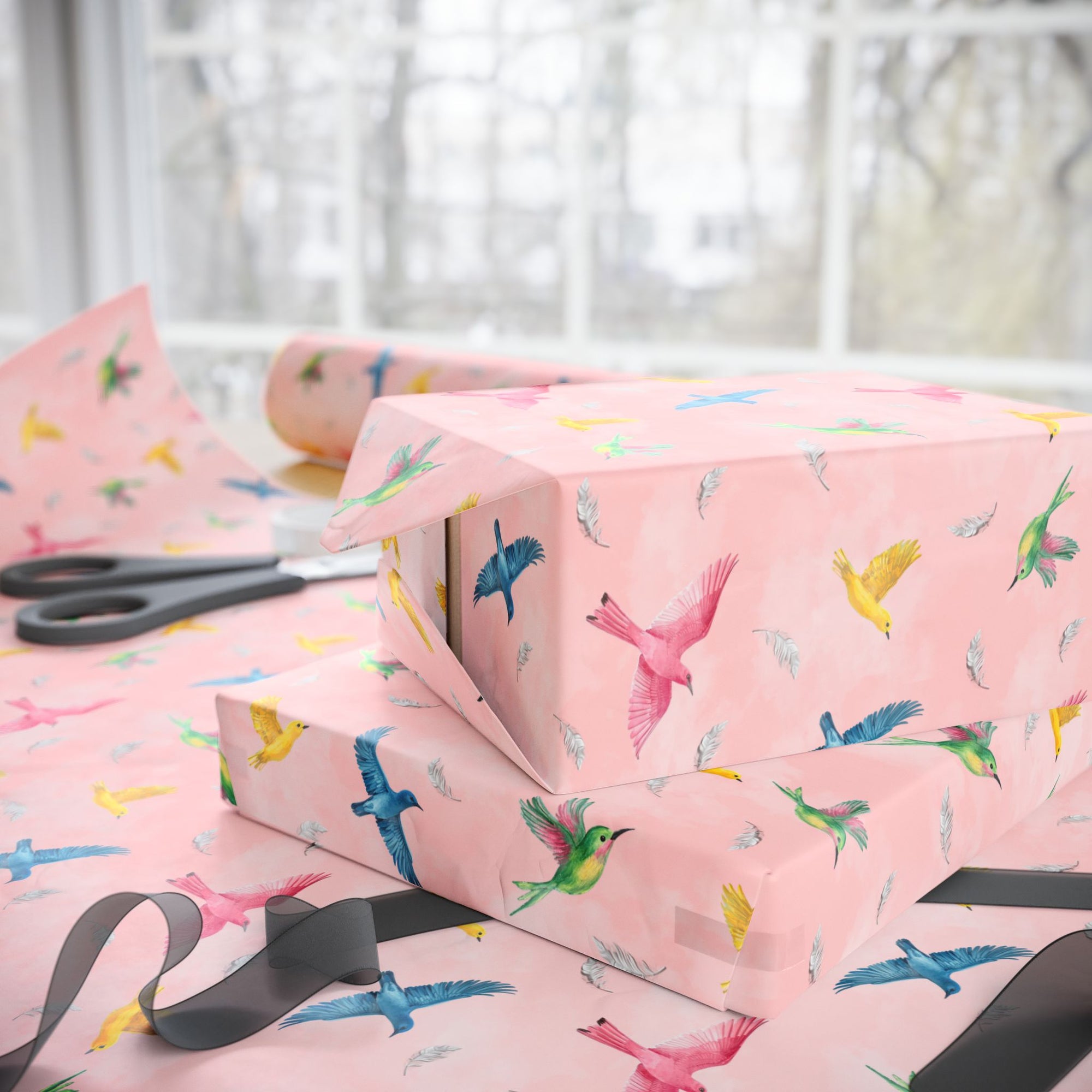 Gift wrapped in blush pink paper with watercolor birds in flight and floating feathers.