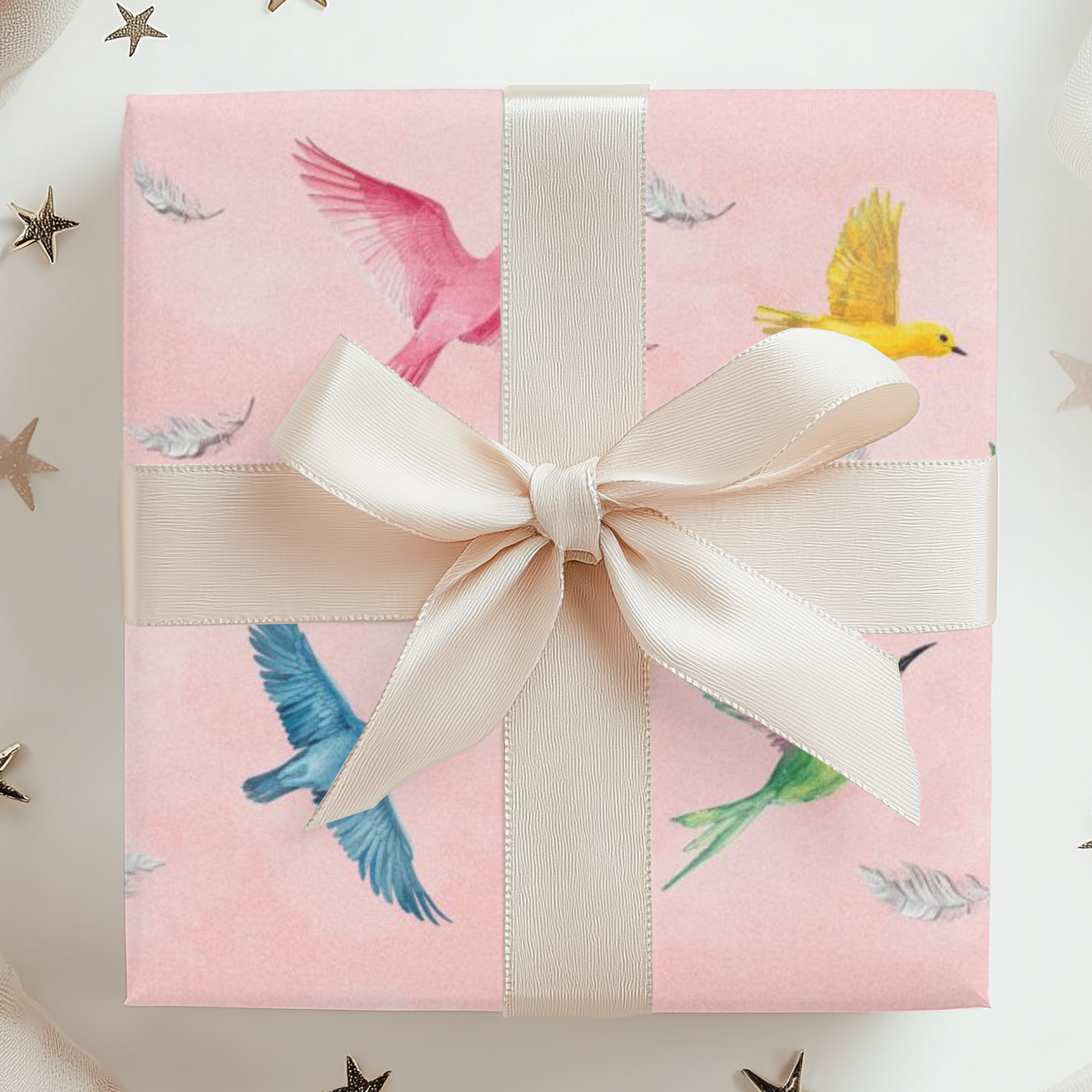 Bird wrapping paper design with green, pink, and yellow birds against a soft pink background.