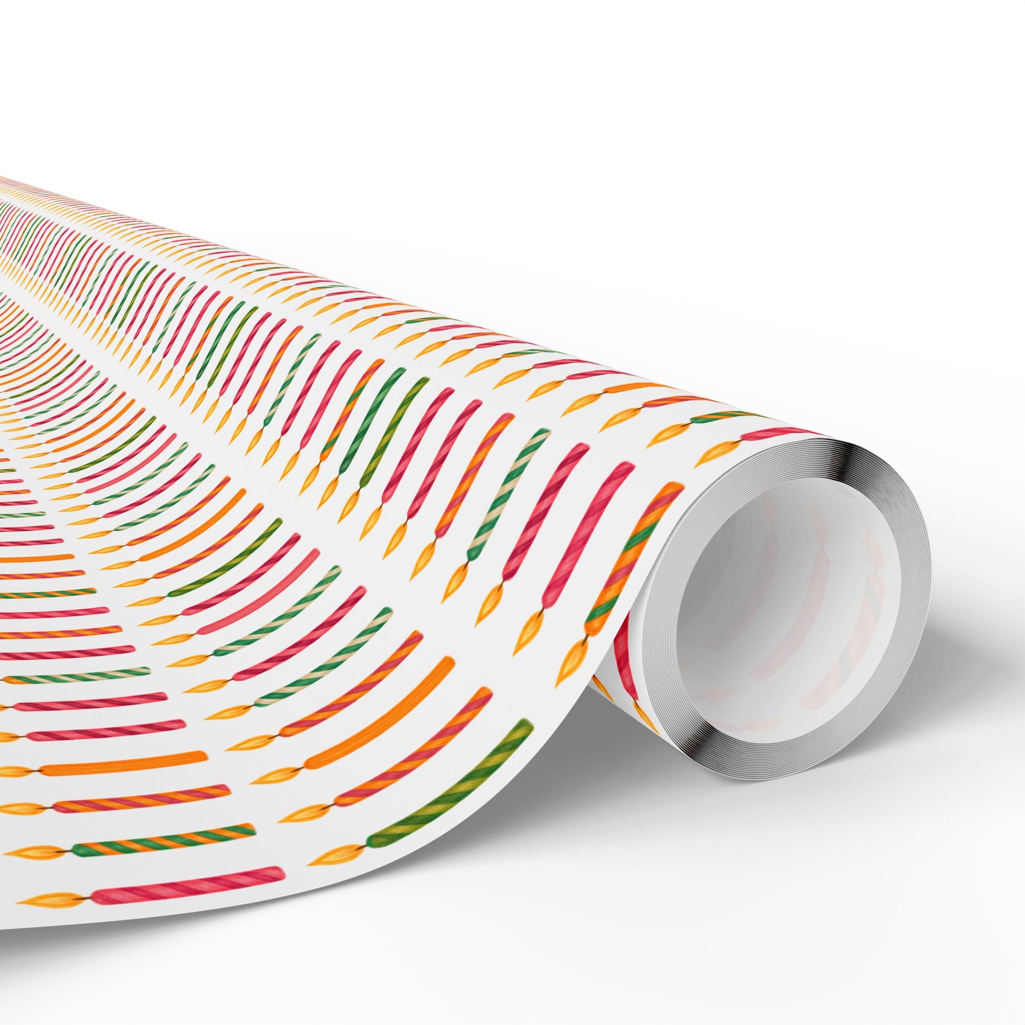 roll of wrapping paper featuring birthday candles in every color.