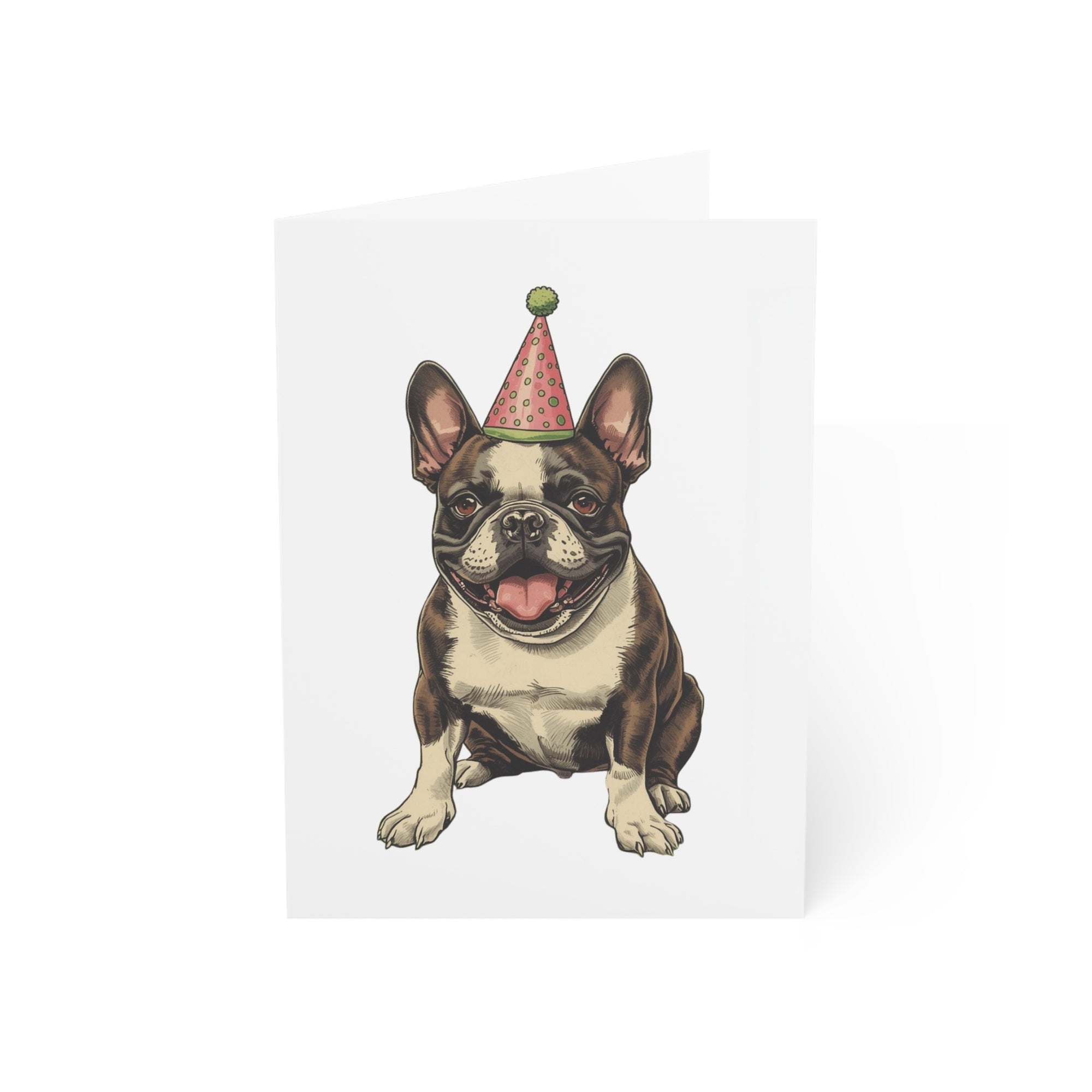 Greeting card illustration of a french bulldog wearing a party hat on a white background