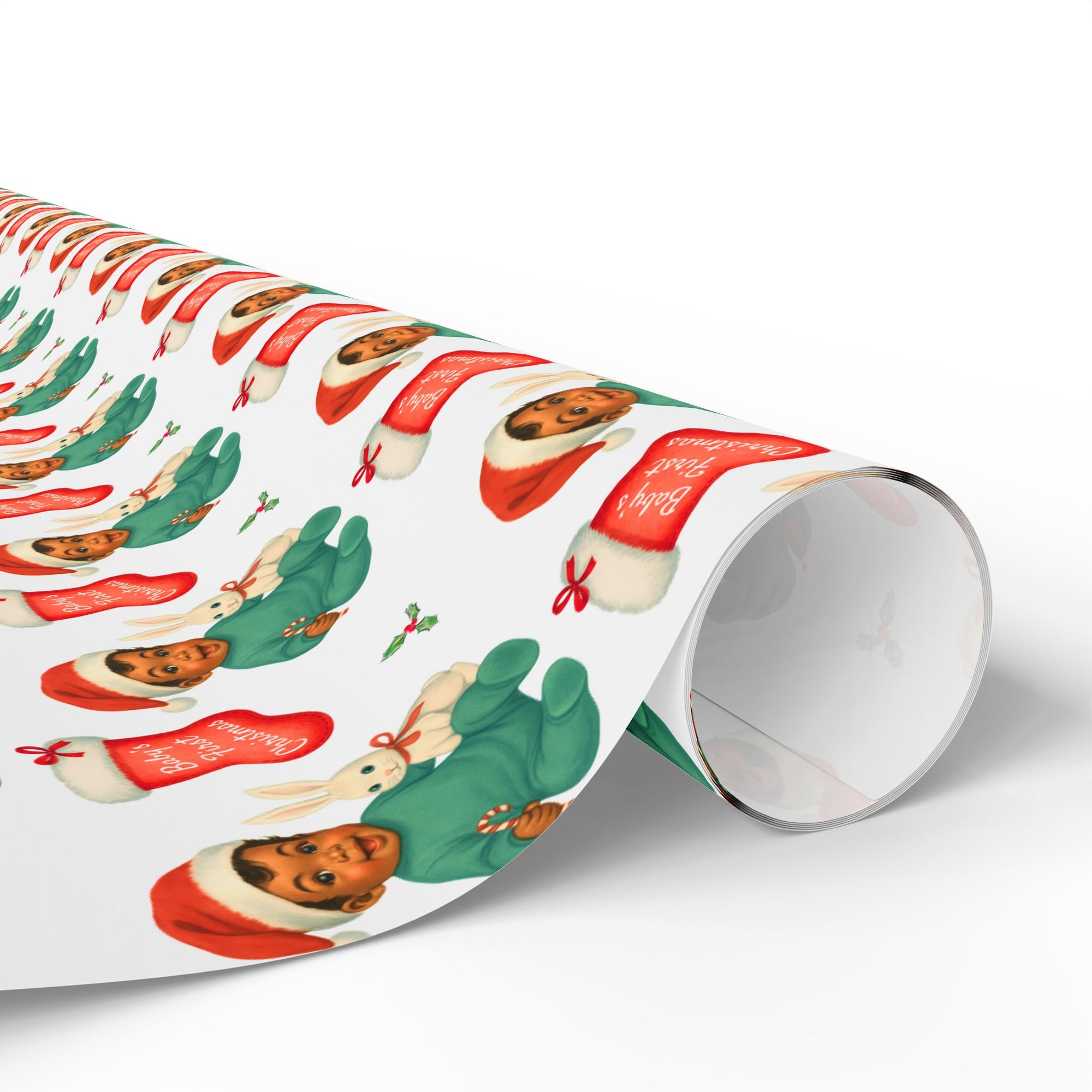 Retro Baby’s First Christmas wrapping paper with dark-skinned baby in Santa hat holding bunny and candy cane.