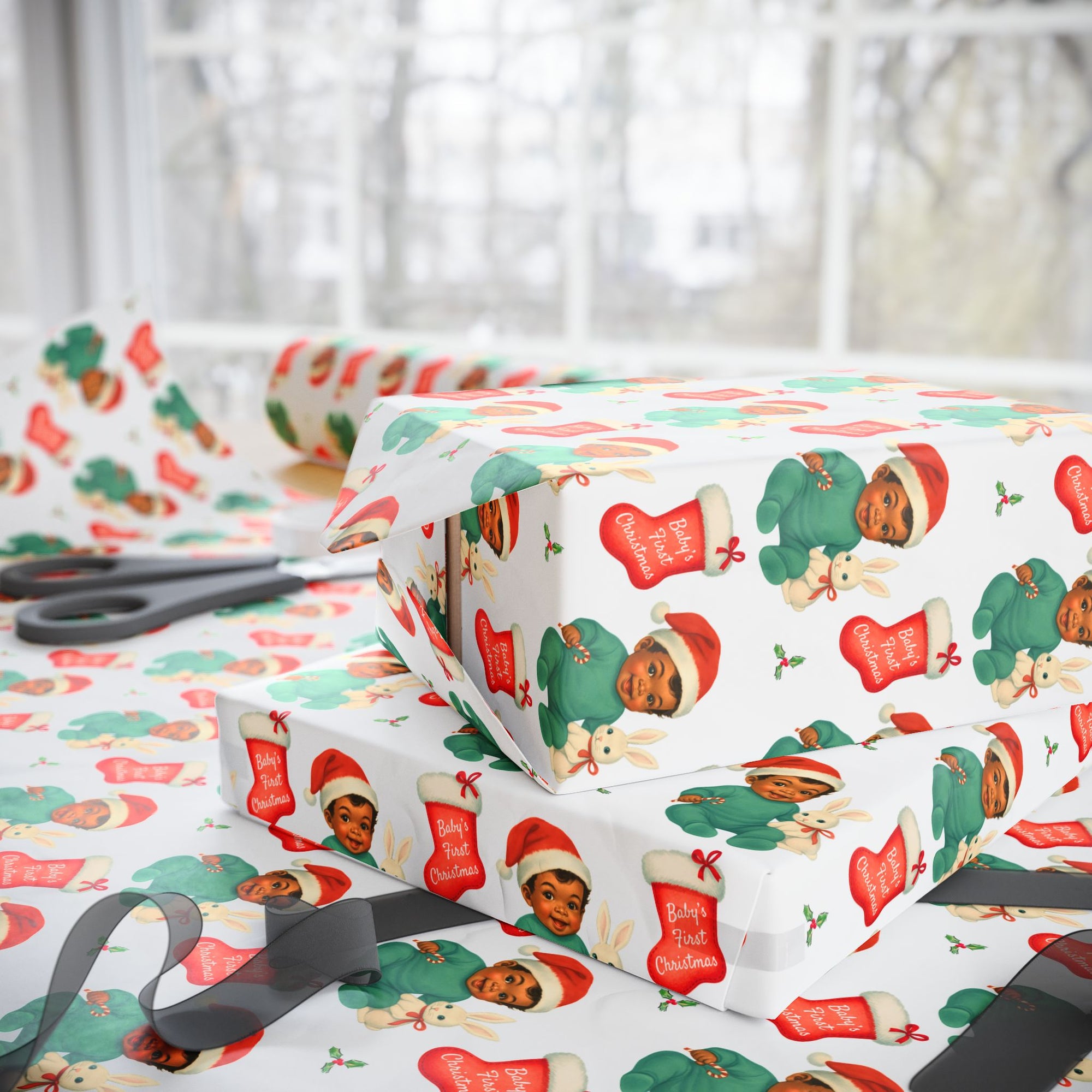 Vintage Baby’s First Christmas gift wrap for newborns with African American retro baby illustration, Santa hat, bunny plush, candy cane, Christmas stockings, and holly pattern.