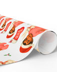 Vintage Baby’s First Christmas gift wrap for newborn girls with African American retro baby illustration, Santa hat, bunny plush, candy cane, Christmas stockings, and holly pattern.