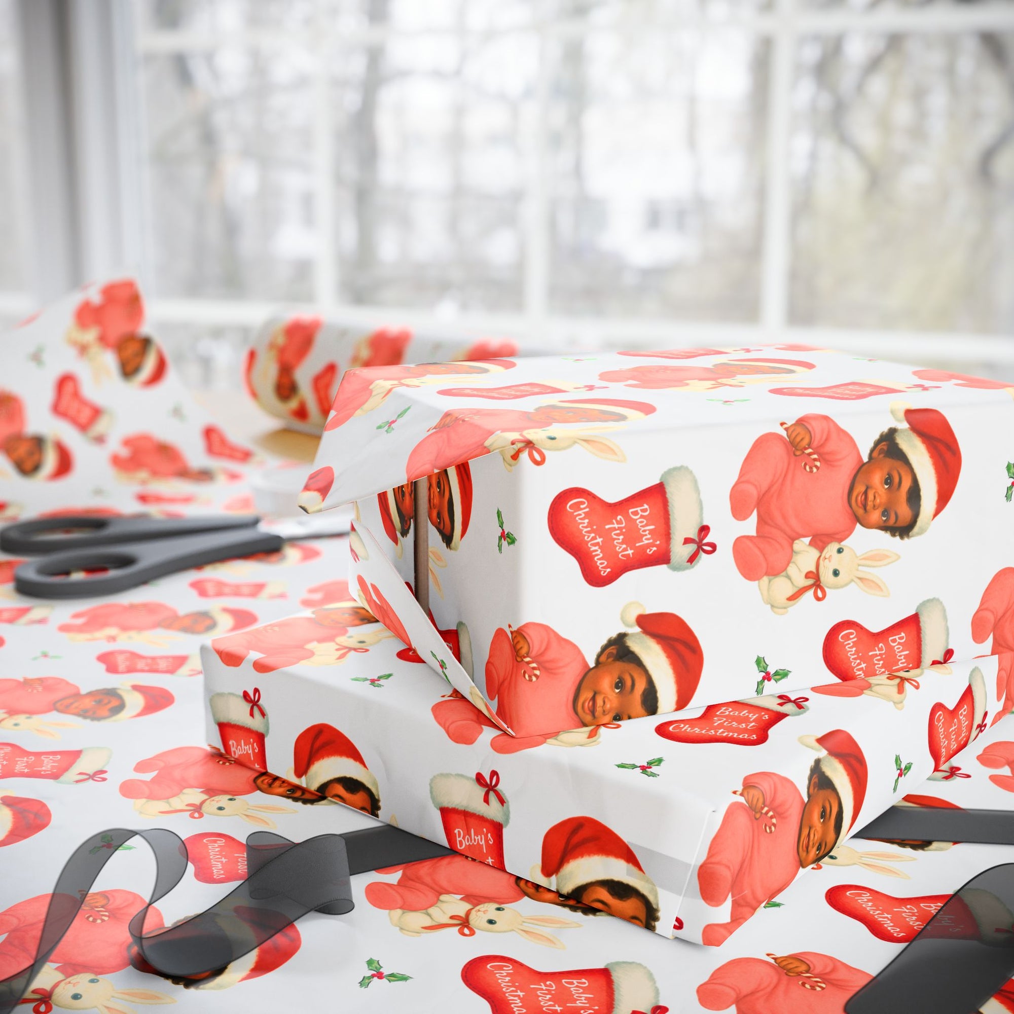 Retro Baby’s First Christmas wrapping paper with dark-skinned baby girl in Santa hat holding bunny and candy cane.