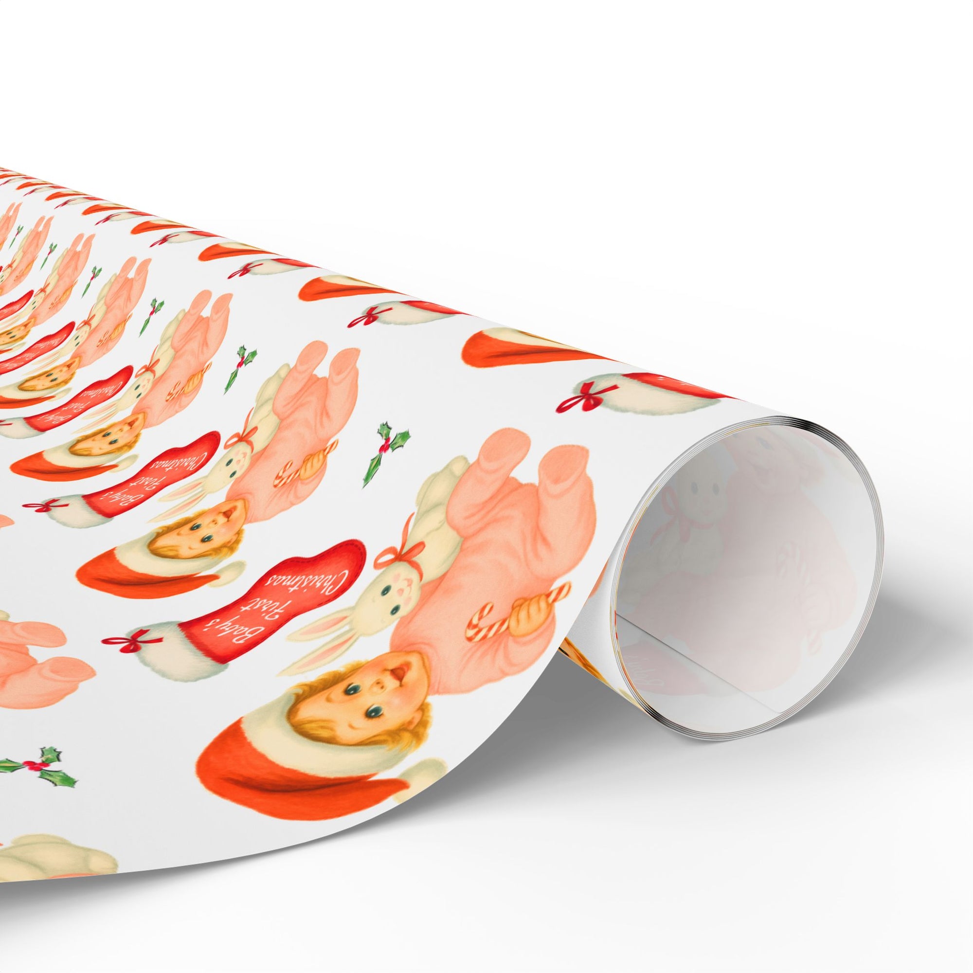 Retro Baby’s First Christmas wrapping paper with blonde baby girl in Santa hat holding bunny and candy cane.