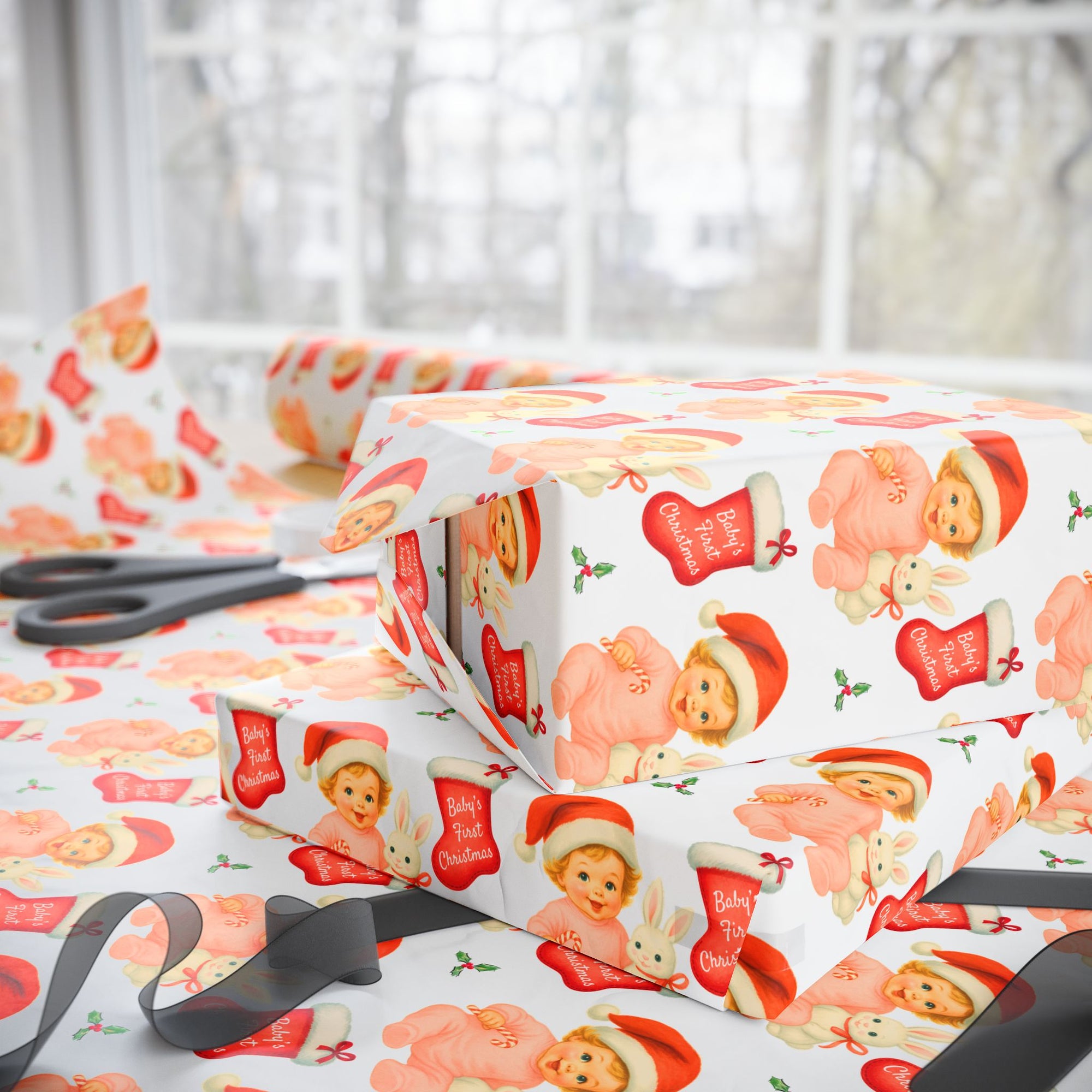 Vintage Baby’s First Christmas gift wrap for newborn girls with retro blonde baby illustration, Santa hat, bunny plush, candy cane, Christmas stockings, and holly pattern.