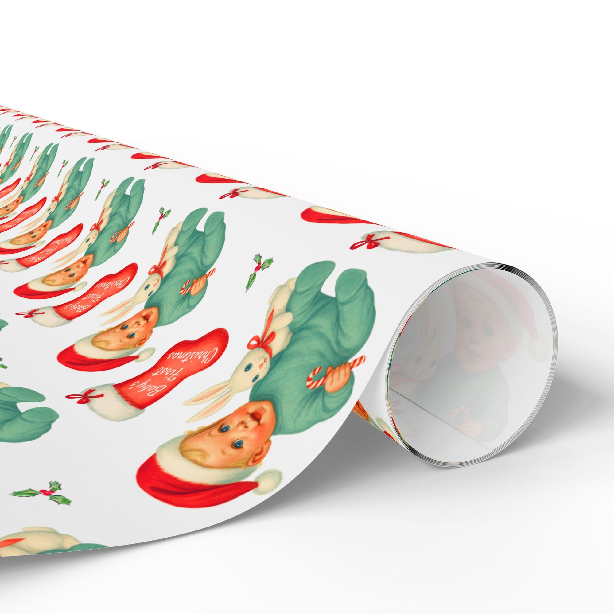 Vintage Baby’s First Christmas gift wrap for newborn boys with blonde retro baby illustration, Santa hat, bunny plush, candy cane, Christmas stockings, and holly pattern.