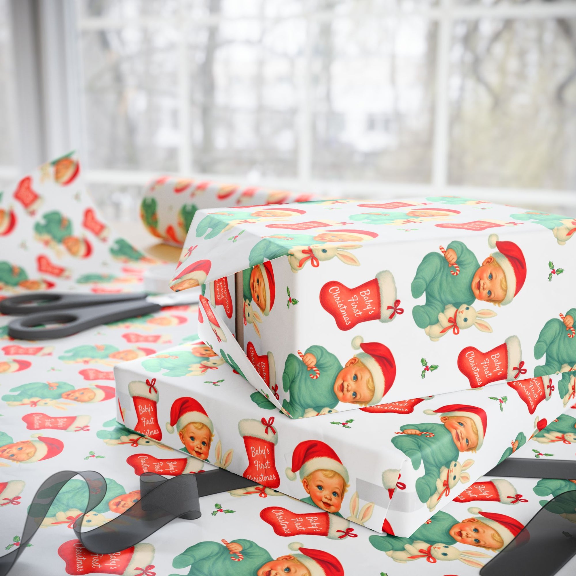 Retro Baby’s First Christmas wrapping paper with blonde baby in Santa hat holding bunny and candy cane.